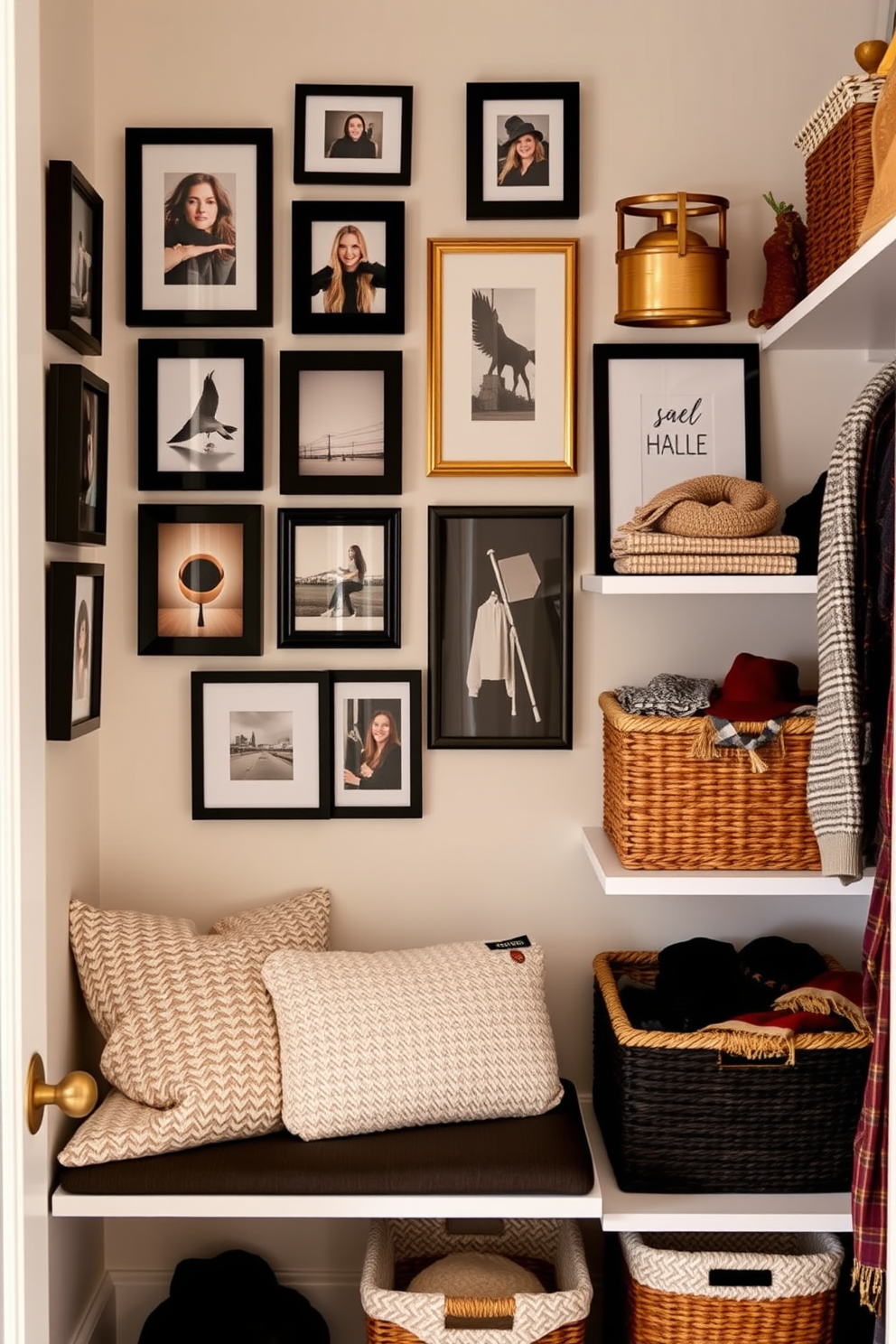 Create a cozy reading nook in a closet. The space features a plush armchair upholstered in soft fabric, with a small side table holding a steaming cup of tea and a stack of books. Warm, ambient lighting comes from a pendant light hanging above, casting a gentle glow on the space. Shelves are lined with books and decorative items, while a soft throw blanket drapes over the armchair inviting relaxation.