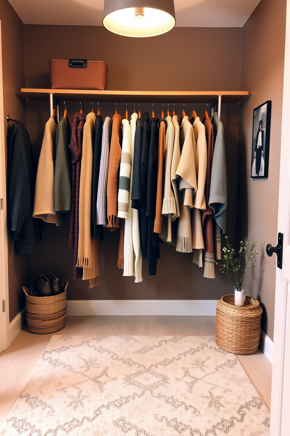 A stylish walk-in closet features custom shelving and elegant lighting to showcase an organized collection of shoes and accessories. A full-length mirror is strategically placed to enhance functionality while adding a touch of glamour to the space. Soft pastel colors adorn the walls, creating a serene atmosphere, complemented by a plush area rug underfoot. Decorative storage boxes and a chic ottoman provide both style and practicality, making it a perfect retreat for getting ready.