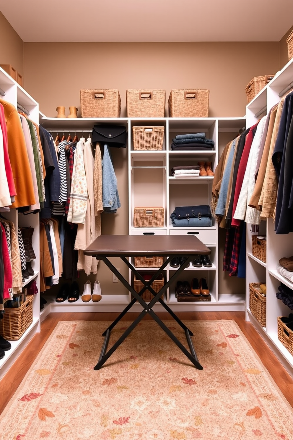 A cozy fall closet adorned with soft textiles and warm colors. Plush fabric bins in rich burgundy and mustard yellow are neatly organized on the shelves, adding a touch of comfort to the space. Hanging from the rod are luxurious scarves and knitted sweaters in earthy tones. A decorative throw drapes over the top shelf, inviting a sense of warmth and style to the closet ambiance.