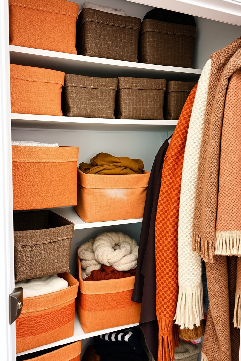 A stylish fall closet featuring a large chalkboard mounted on the inside of the door for reminders and seasonal inspiration. The closet is organized with warm-toned wooden shelves displaying neatly folded sweaters and autumn accessories, creating a cozy and inviting atmosphere.