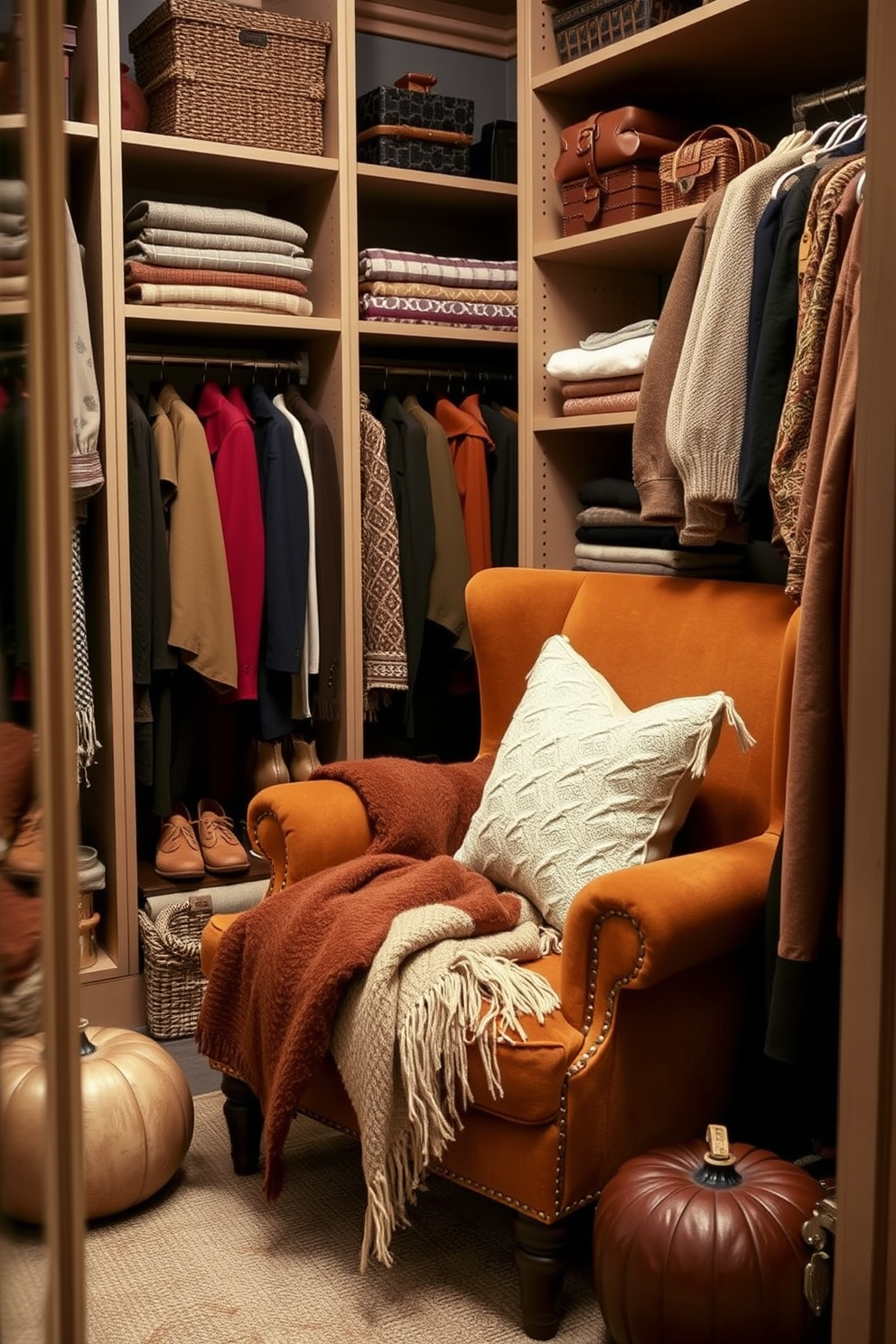 Create a cozy living space featuring seasonal pillows in warm autumn colors such as deep oranges and rich browns. The pillows should have various textures like knitted, velvet, and patterned fabrics to enhance comfort and visual interest. Design a stylish closet that reflects the essence of fall with organized shelves displaying cozy sweaters and scarves in earthy tones. Incorporate decorative elements like small pumpkins and seasonal foliage to create a welcoming atmosphere.