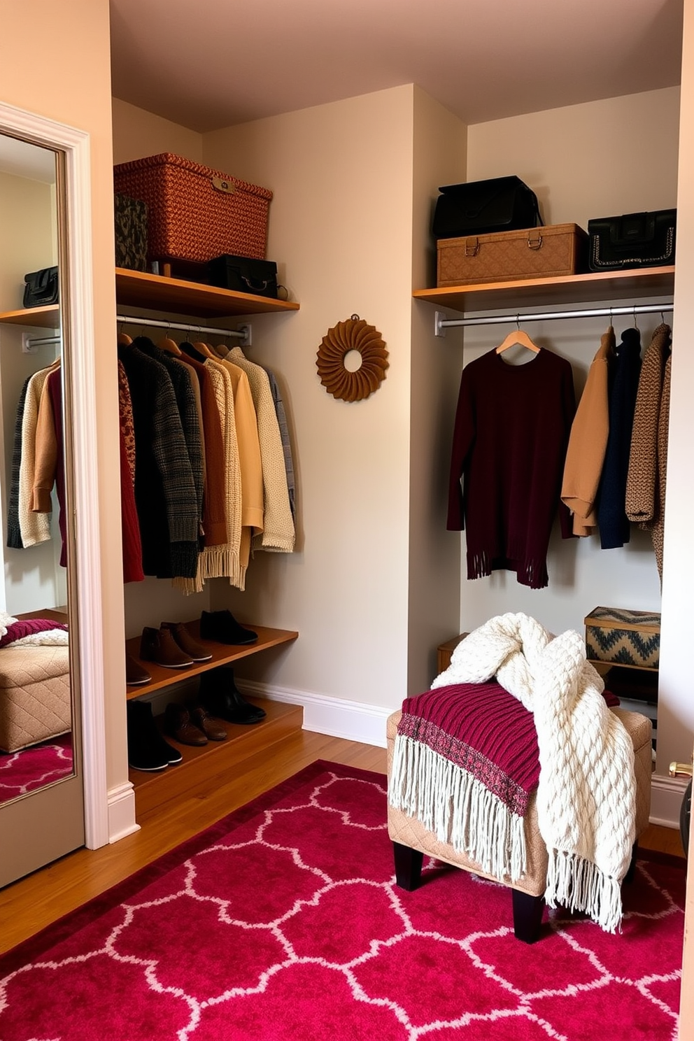 A stylish seasonal clothing display featuring an array of fall attire on elegant wooden hangers. The backdrop is adorned with warm autumn colors, creating a cozy and inviting atmosphere.