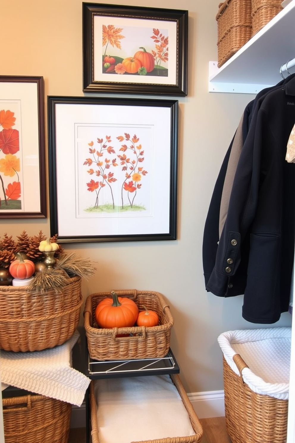 A collection of scented candles in various heights and colors arranged on a wooden shelf creates an inviting atmosphere. The warm glow of the flickering flames enhances the cozy ambiance of the room. For fall closet decorating ideas, consider incorporating rich autumn colors and textures to create a seasonal vibe. Use decorative baskets and stylish hangers to organize clothing while adding a touch of elegance to the space.