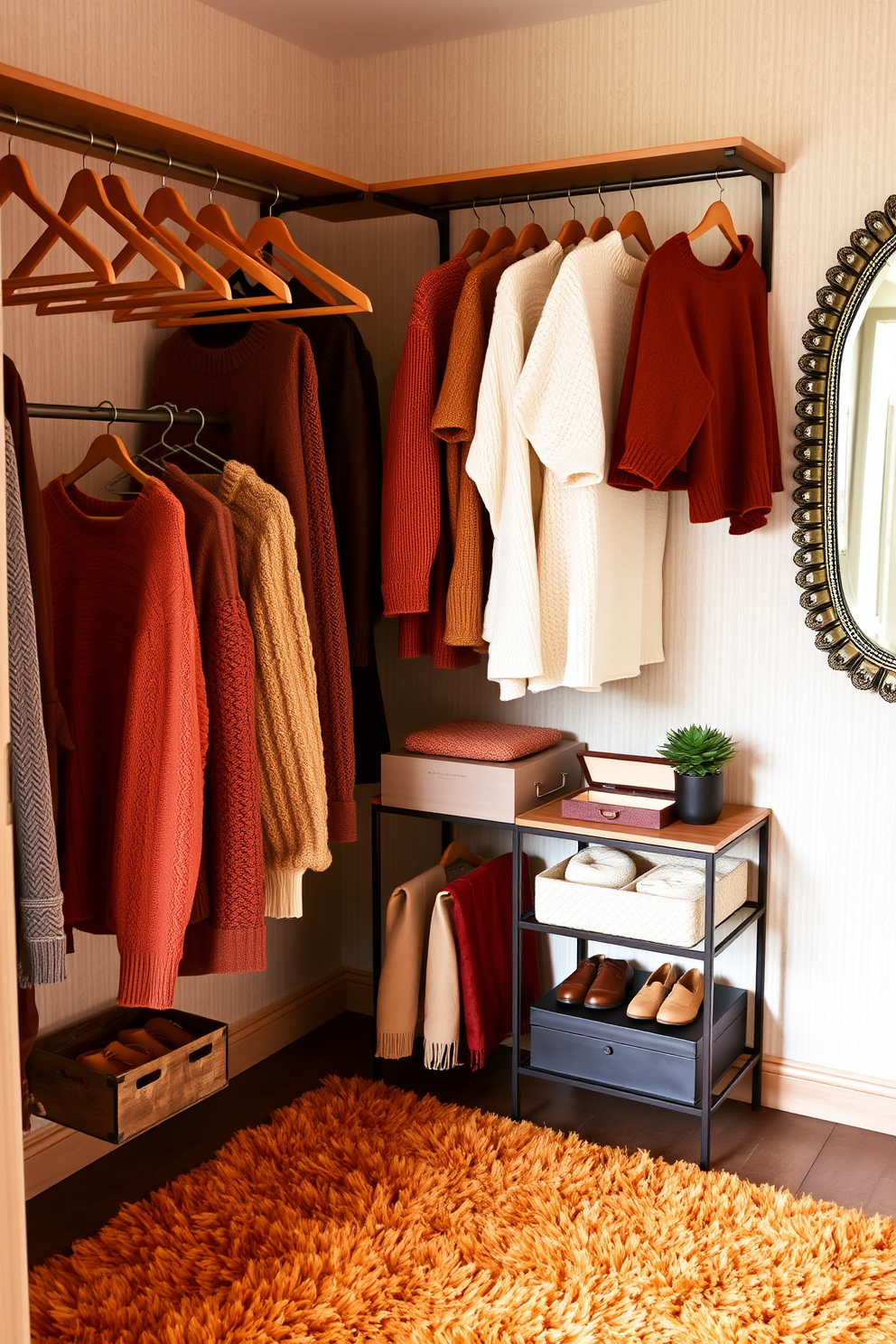 A stylish fall closet featuring decorative hooks for scarves and hats. The hooks are made of brushed brass and are arranged in an artistic pattern on a soft gray wall. The closet is filled with cozy knit scarves and stylish hats in warm autumn colors. A plush, neutral-colored rug lies on the floor, adding a touch of comfort to the space.