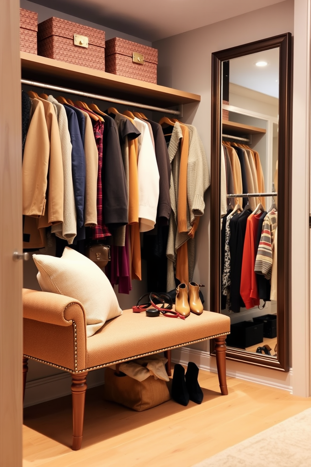 Create a cozy fall closet featuring wooden crates used for shoe organization. The crates are stacked neatly, showcasing a variety of stylish footwear while adding a rustic charm to the space.