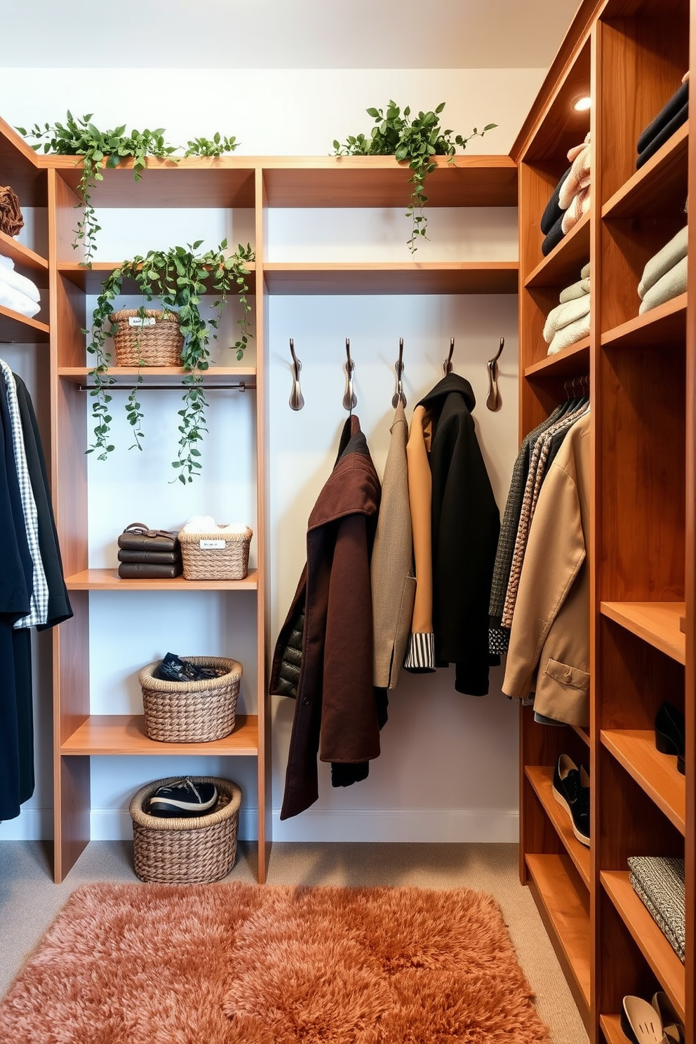 A cozy fall closet decorated with string lights draped along the top shelf creating a warm and inviting glow. The closet features neatly organized seasonal clothing in rich autumn colors and a plush area rug on the floor for added comfort.