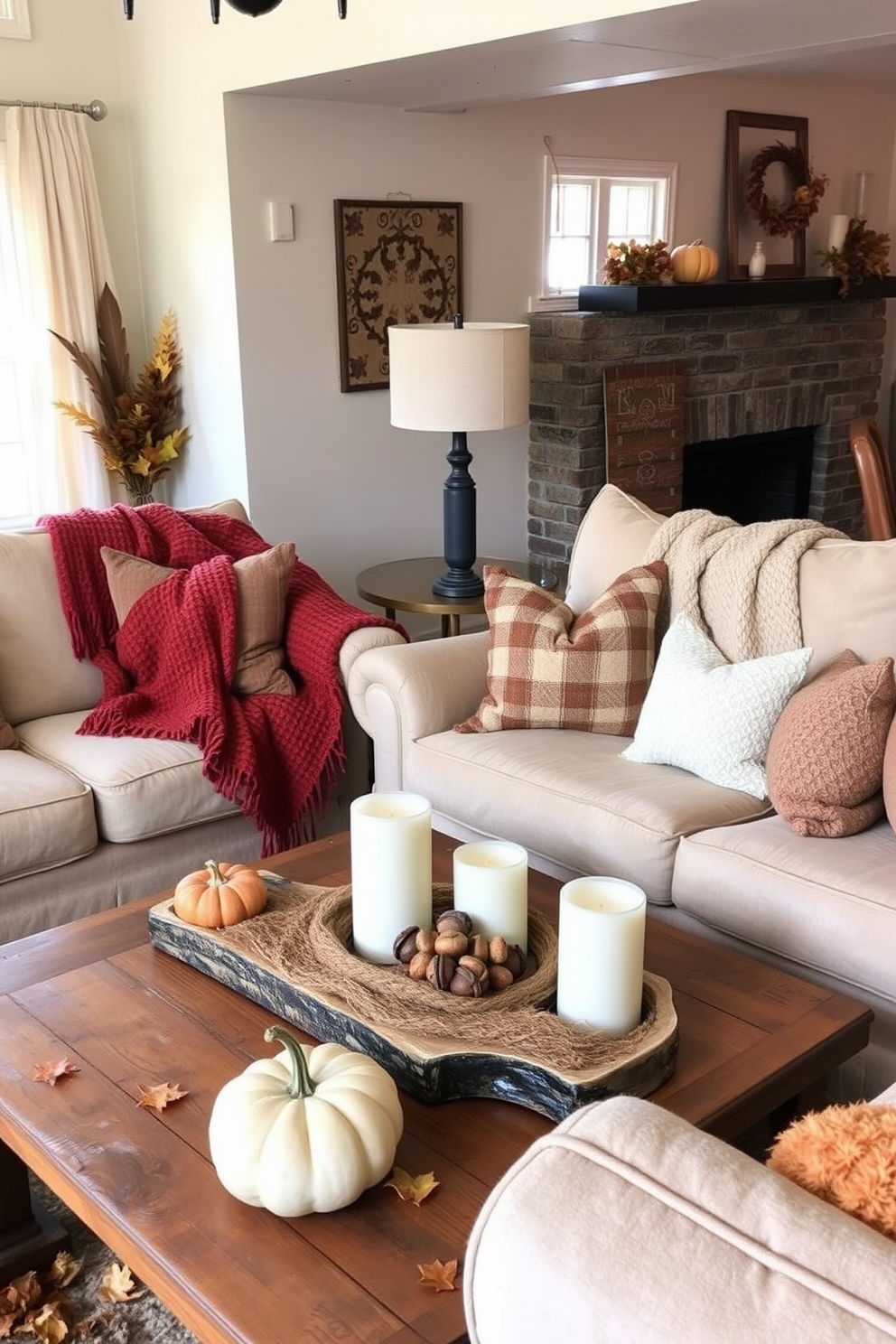 Cozy blankets are casually draped over plush sofas in a warm and inviting living room. The space is adorned with autumn-themed decor, featuring pumpkins and seasonal leaves scattered throughout. Soft, textured throws in rich earth tones complement the neutral upholstery of the sofas. A rustic coffee table holds a centerpiece of candles and acorns, enhancing the fall ambiance.