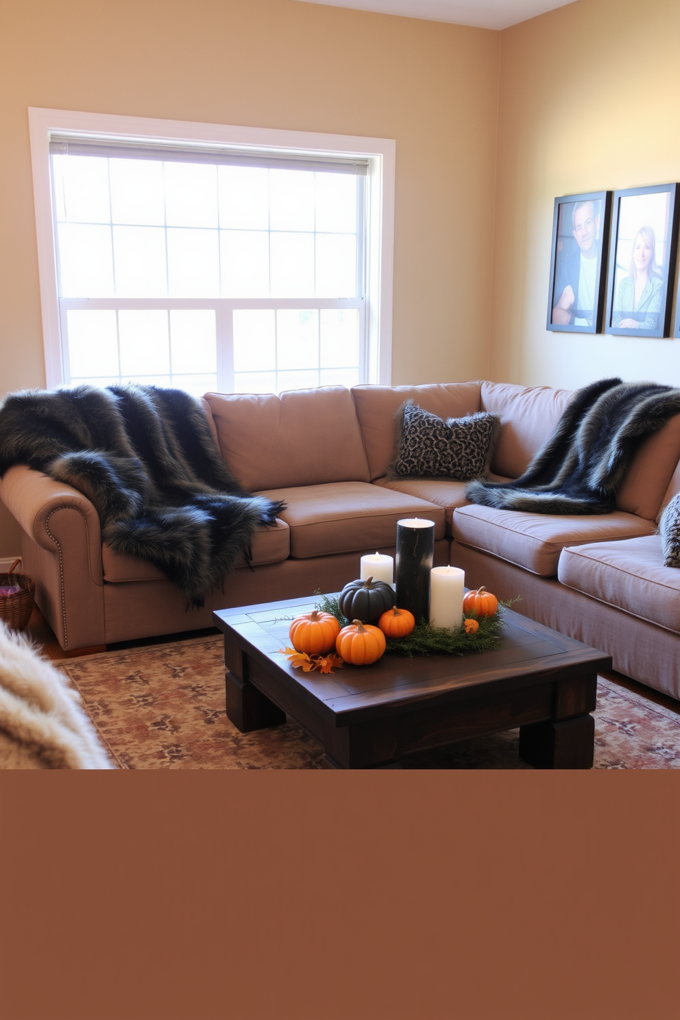 A cozy living room setting adorned with faux fur throws draped over a plush sectional sofa. The space is accented with warm autumn colors, featuring decorative pumpkins and candles on a rustic coffee table. The walls are painted in a soft beige, creating a warm backdrop for the seasonal decor. A large window lets in natural light, illuminating the rich textures of the faux fur and the vibrant fall accents.