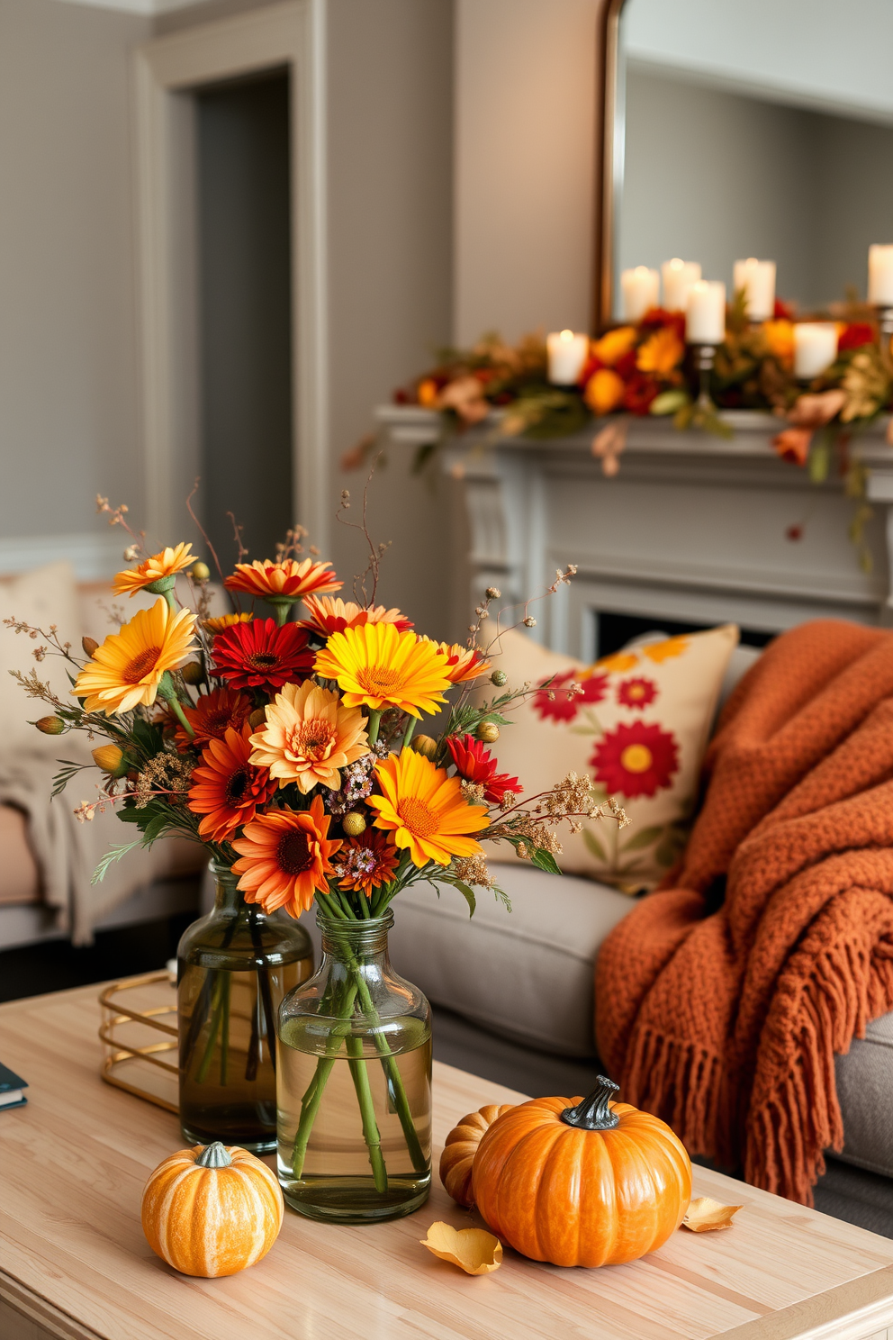 A cozy living room adorned with rich autumn hues. Plush throw pillows in deep orange and gold are scattered across a soft beige sofa, while a metallic coffee table reflects the warm glow of a nearby fireplace. On the mantle, a collection of decorative pumpkins in varying sizes adds a festive touch. A woven basket filled with cozy blankets sits in the corner, inviting relaxation on cool fall evenings.