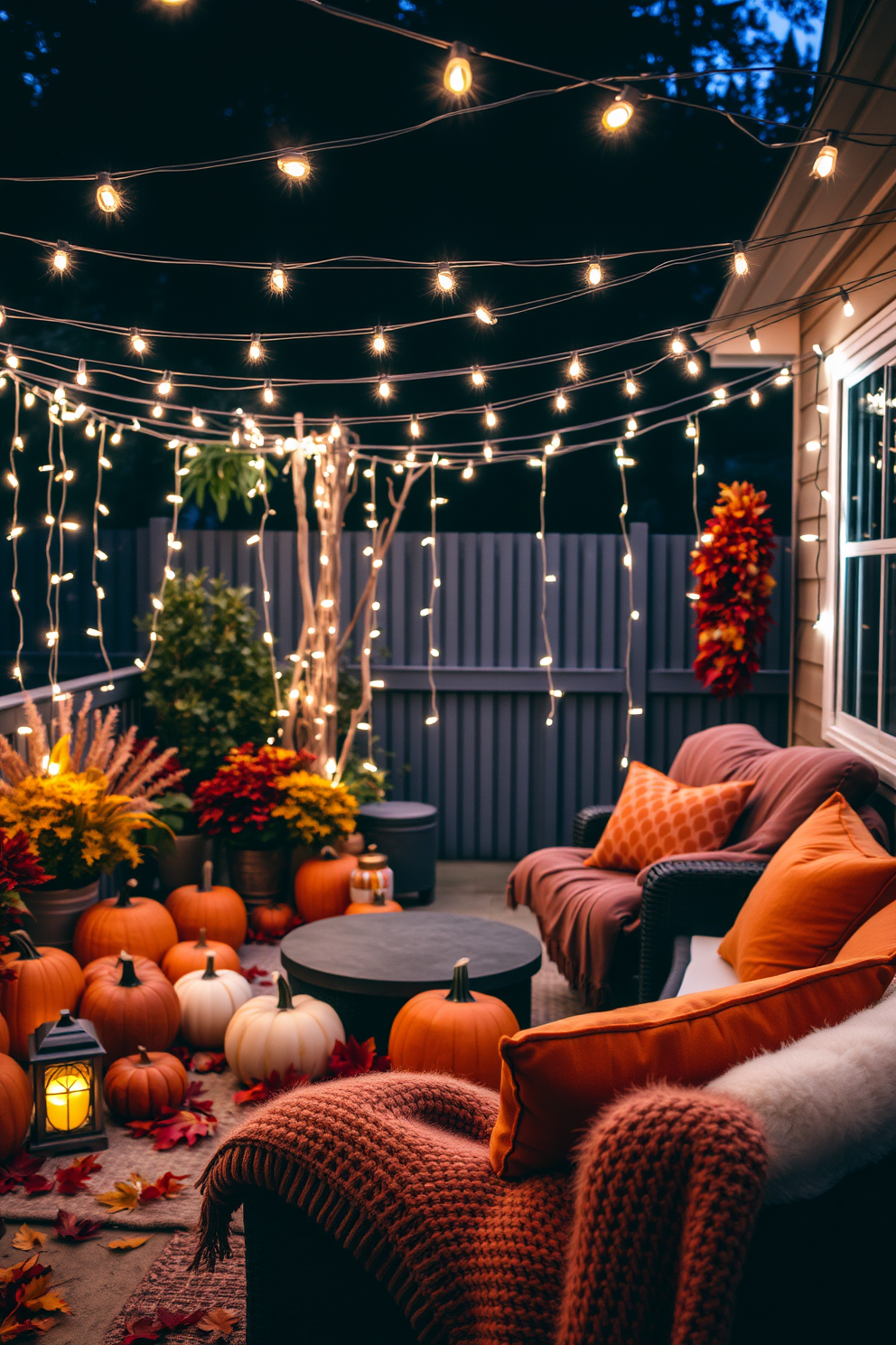 A cozy outdoor space adorned with string lights creates a warm and inviting atmosphere. The soft glow of the lights enhances the beauty of autumn decorations, featuring pumpkins and colorful leaves scattered around the seating area. Incorporate rich textures and warm colors to complement the fall theme. Plush blankets and cushions in deep oranges and browns invite relaxation while surrounded by the twinkling lights.