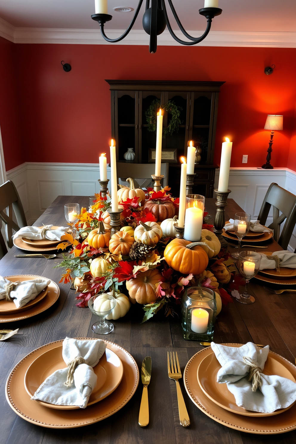 A rustic dining table is adorned with a harvest-themed centerpiece featuring an array of pumpkins, gourds, and autumn leaves. Surrounding the table are elegant place settings with warm-toned plates and gold flatware, complemented by soft linen napkins tied with twine. The table is illuminated by warm candlelight from assorted candles placed in glass holders. A backdrop of rich, earthy colors on the walls enhances the cozy, inviting atmosphere perfect for fall gatherings.