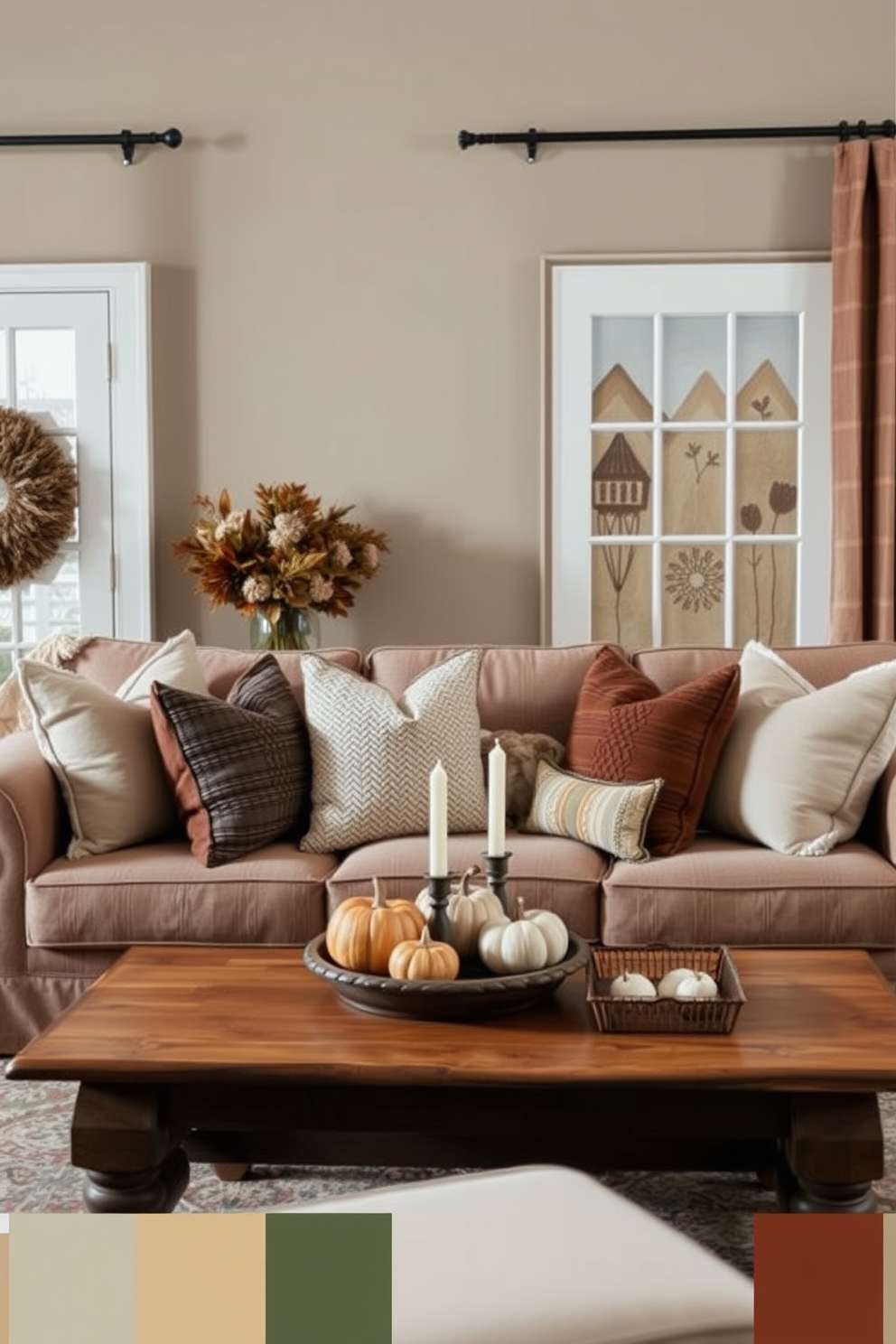 Create a cozy living room setting that incorporates earthy color palettes. Use warm browns, soft greens, and muted oranges in the furnishings and decor choices. Include a plush sofa adorned with textured throw pillows in various shades of earth tones. Add a wooden coffee table topped with seasonal decorations like small pumpkins and candles.