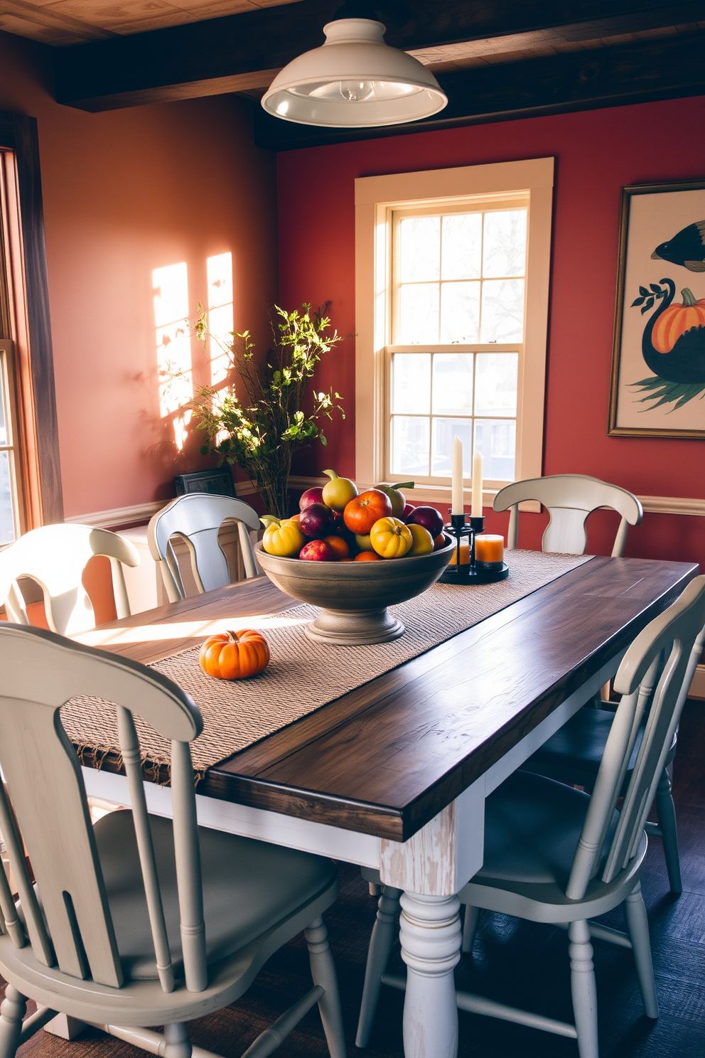 A cozy dining area featuring a rustic wooden table adorned with a vibrant bowl of seasonal fruits. The table is surrounded by mismatched chairs, and a backdrop of warm autumn colors on the walls enhances the inviting atmosphere. Soft golden light filters through the window, illuminating the rich hues of the fruits and the natural textures of the decor. A woven table runner adds a touch of warmth, while small pumpkins and candles complete the fall-themed decor.