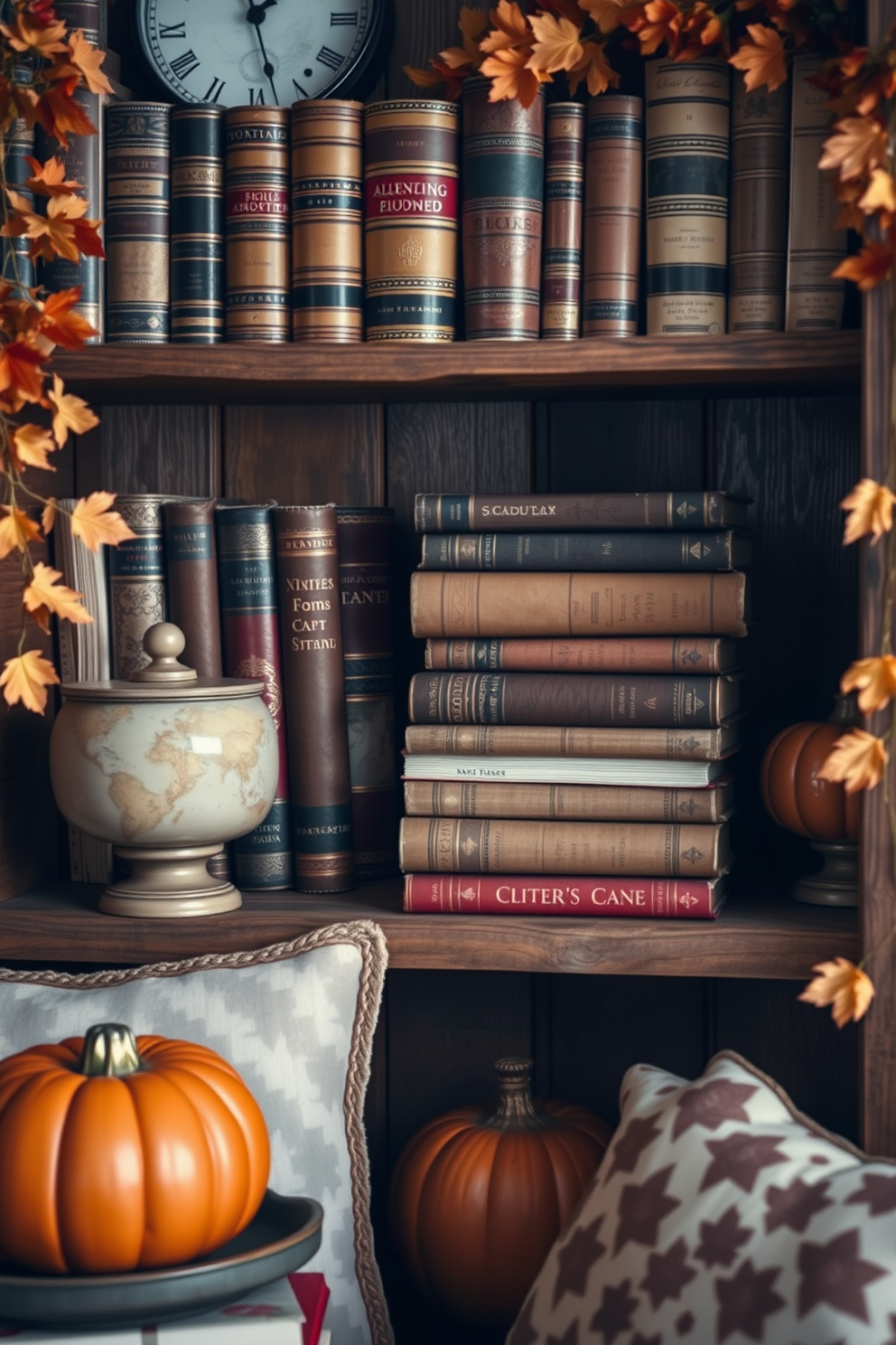 A cozy reading nook featuring vintage books stacked on a rustic wooden shelf. The space is adorned with warm autumn hues, including orange and gold accents, creating a charming fall atmosphere.