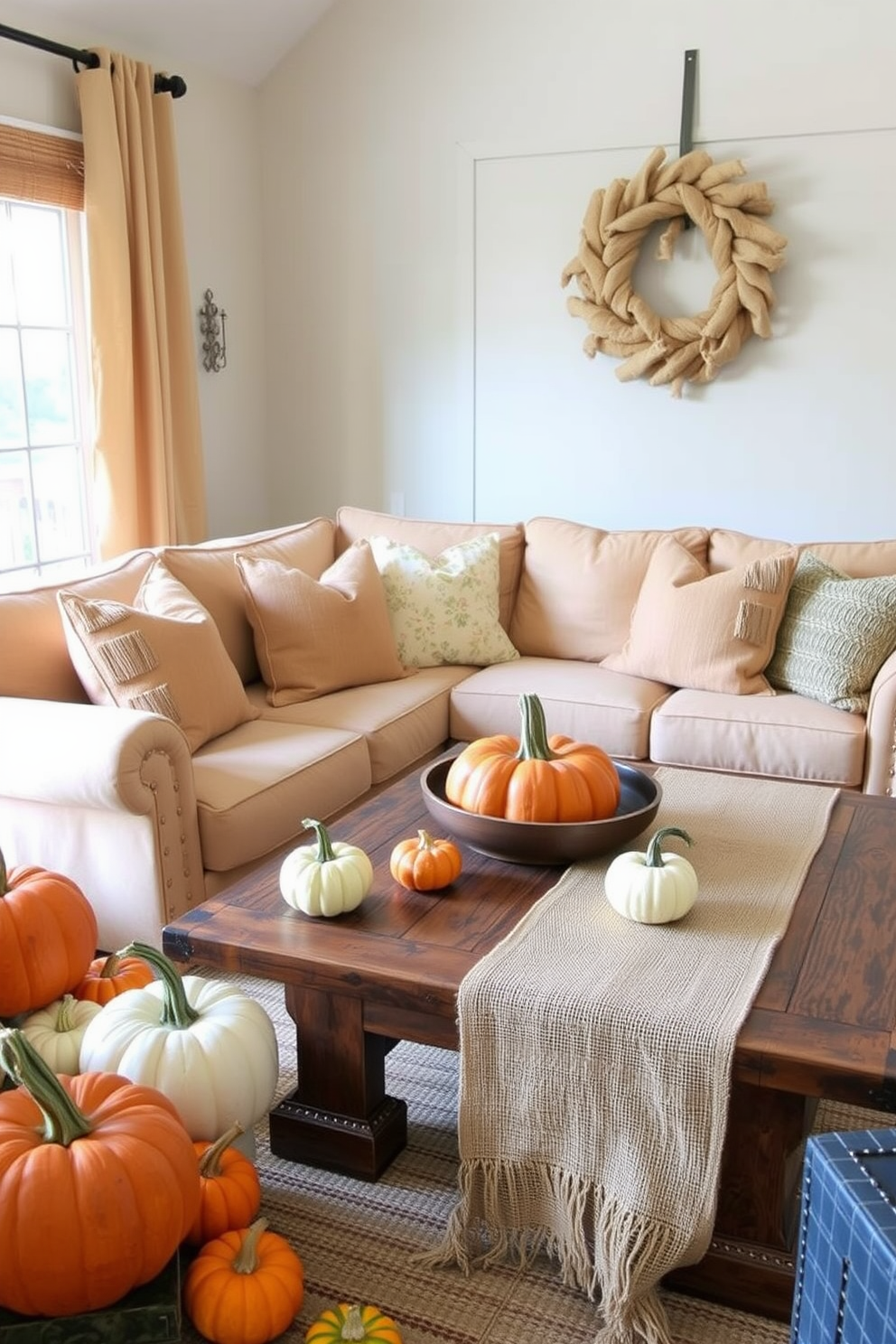 A cozy living room adorned with woven baskets in various sizes. The baskets are placed strategically around the room, adding warmth and texture to the autumn-themed decor. Richly colored throw pillows in shades of orange and burgundy complement the soft beige sofa. A rustic coffee table is topped with a centerpiece of pumpkins and candles, enhancing the fall atmosphere.