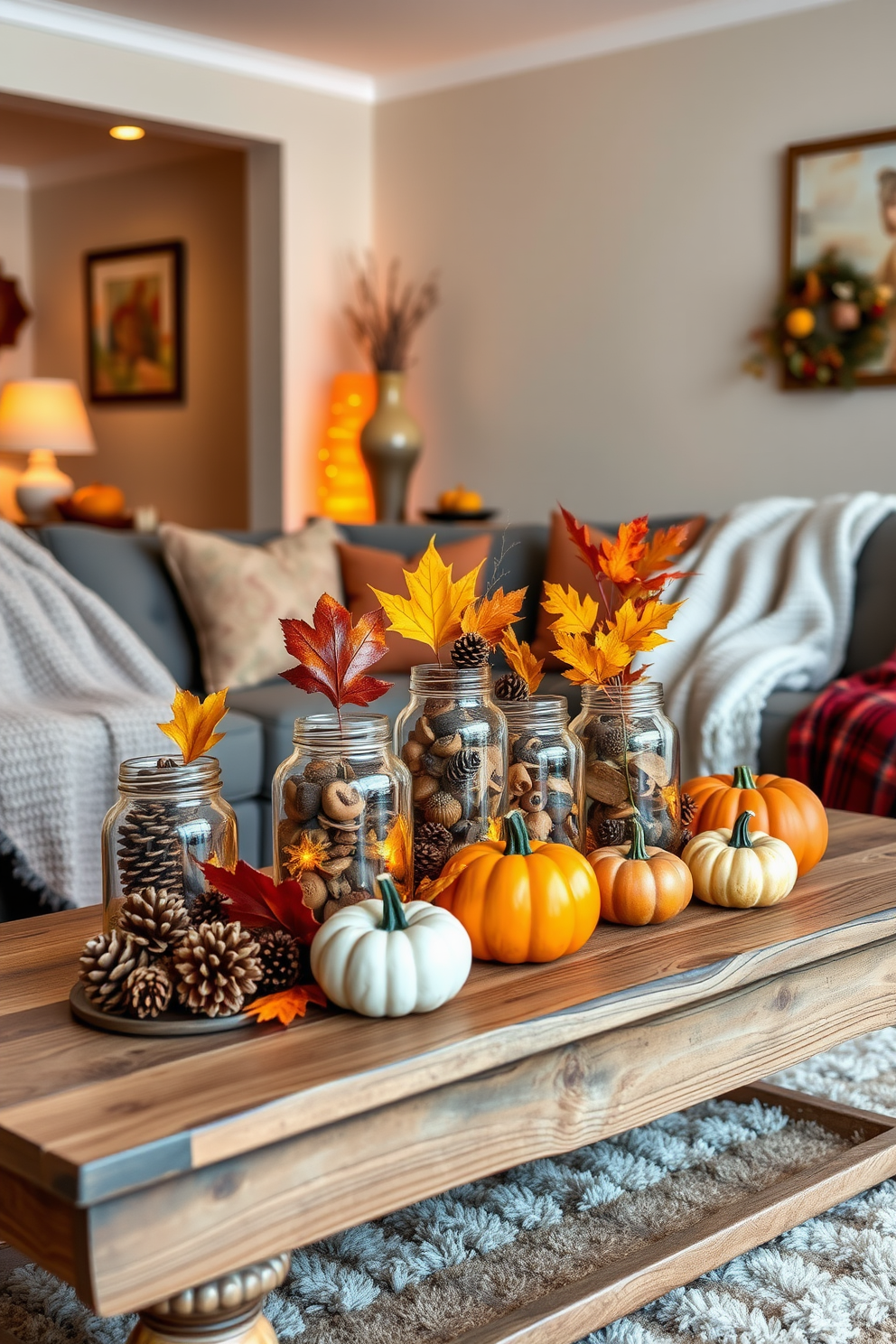 A cozy fall-themed living room is adorned with glass jars filled with seasonal items like pinecones, acorns, and colorful leaves. The jars are arranged on a rustic wooden coffee table, surrounded by soft throw blankets and pumpkins of varying sizes. Warm amber lighting casts a gentle glow, creating an inviting atmosphere. The walls are decorated with autumn-inspired artwork, and a plush area rug adds comfort underfoot.