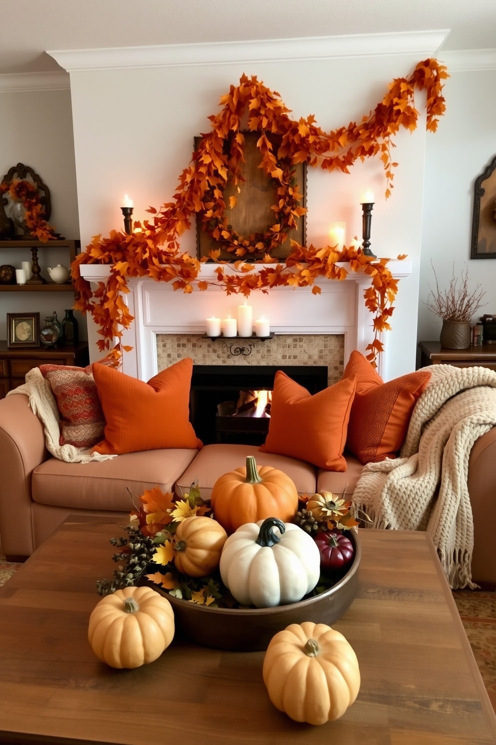 A cozy living room adorned with hanging garlands of autumn leaves creates a warm and inviting atmosphere. The garlands drape gracefully across the mantelpiece, complemented by flickering candles and rustic wooden accents. Rich tones of orange and gold fill the space, enhanced by plush throw pillows and a soft knitted blanket on the sofa. A centerpiece of seasonal pumpkins and gourds sits on the coffee table, adding to the fall decorating theme.