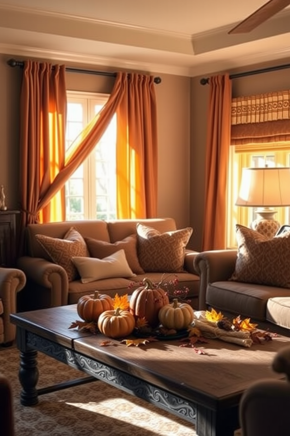 Layer curtains with sheer and heavier fabrics to create a warm and inviting atmosphere. The sheer fabric allows natural light to filter through while the heavier material adds depth and richness to the space. Incorporate seasonal decor elements such as pumpkins and autumn leaves to enhance the fall theme. Use warm color palettes like oranges, browns, and golds to evoke the essence of the season throughout the room.