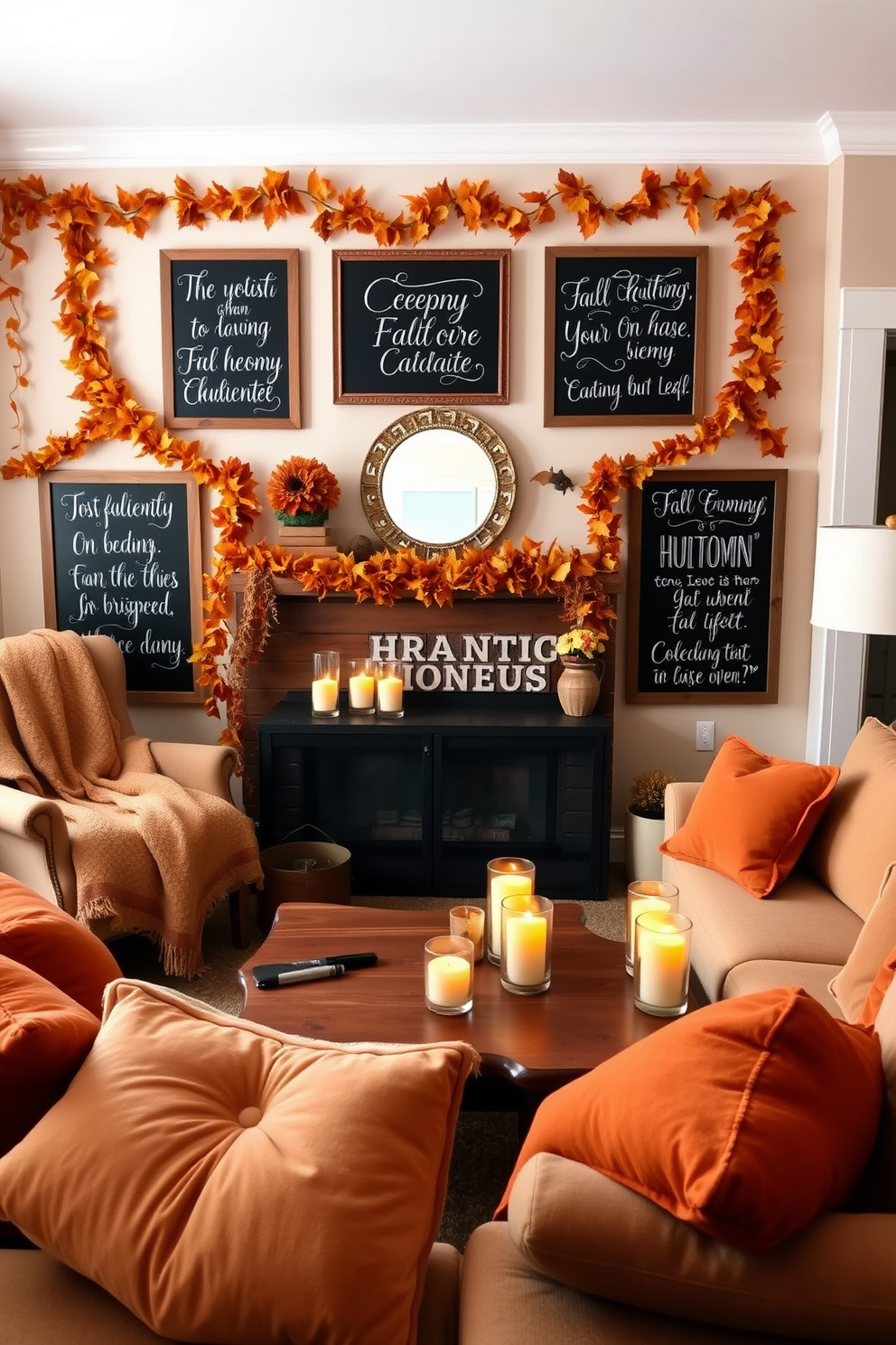 A cozy autumn-themed living room adorned with chalkboards displaying inspirational fall quotes and messages. The walls are decorated with warm-toned garlands of leaves, and a plush throw blanket is draped over a comfortable armchair. A rustic wooden coffee table is centered in the room, surrounded by soft, oversized cushions in shades of orange and brown. Flickering candles in glass holders add a warm glow, complementing the inviting atmosphere of the fall decor.