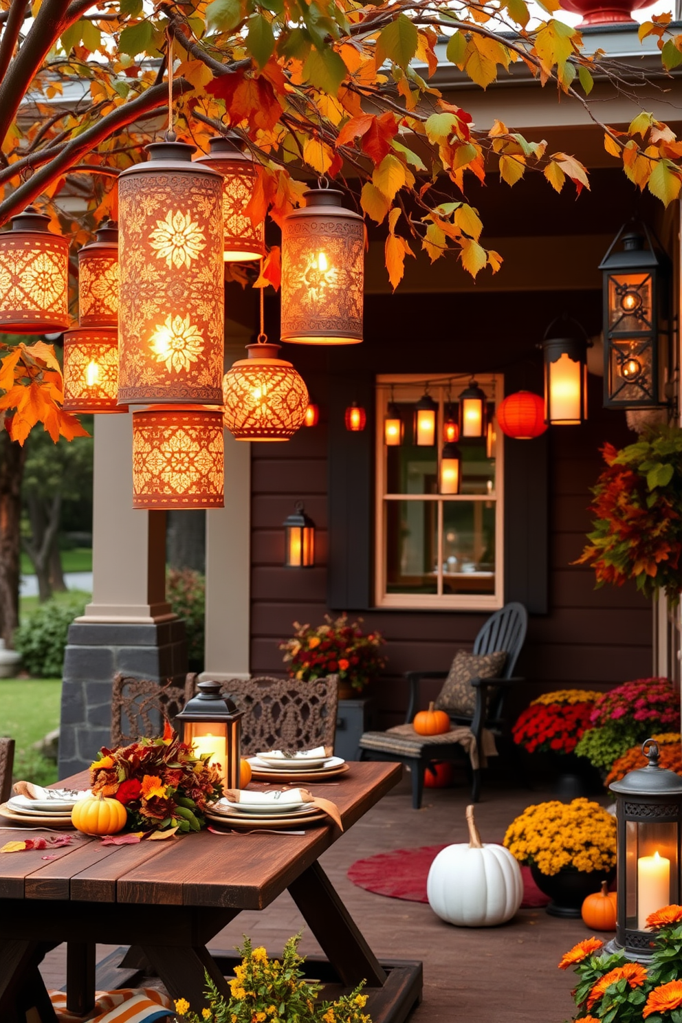 A cozy outdoor setting adorned with decorative lanterns hanging from tree branches. The lanterns emit a warm glow, illuminating a rustic wooden table set with autumn-themed decorations and colorful fall leaves. A charming porch decorated with an array of lanterns in different sizes and styles. The space is enhanced with pumpkins and seasonal flowers, creating a welcoming atmosphere for fall gatherings.