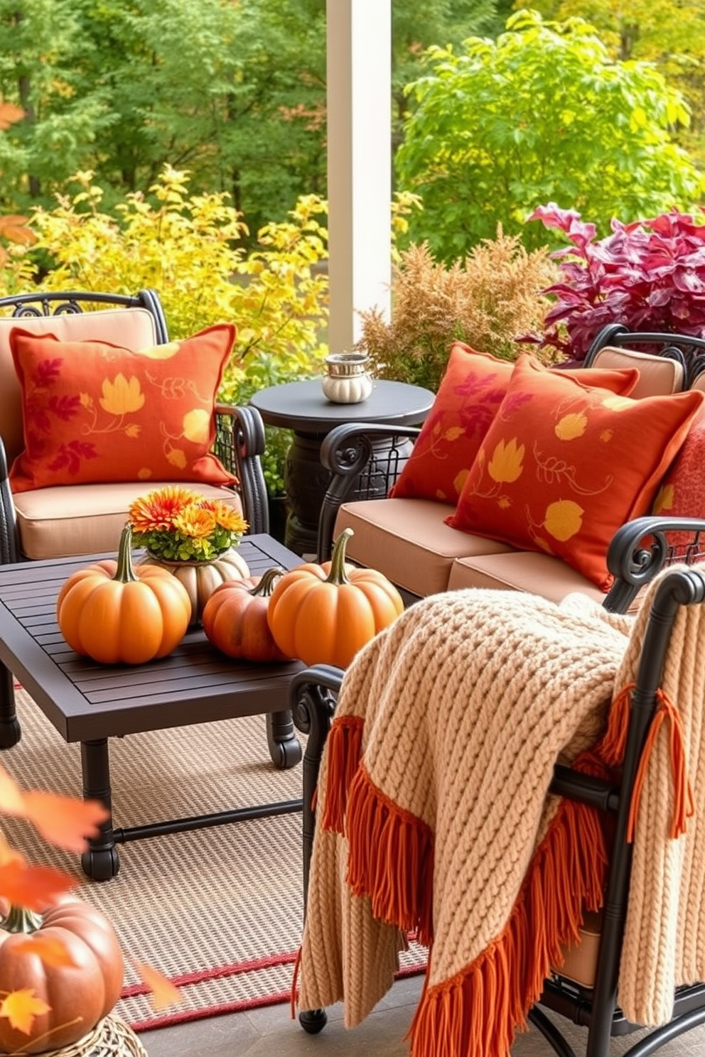 Fall-themed cushions adorn the outdoor furniture, featuring warm hues of orange, yellow, and deep red. The cushions are embellished with leaf patterns, adding a cozy touch to the seating area surrounded by autumn foliage. Decorative pumpkins and gourds are placed on the coffee table, enhancing the seasonal ambiance. Soft, knitted throws are draped over the chairs, inviting guests to enjoy the crisp fall air.