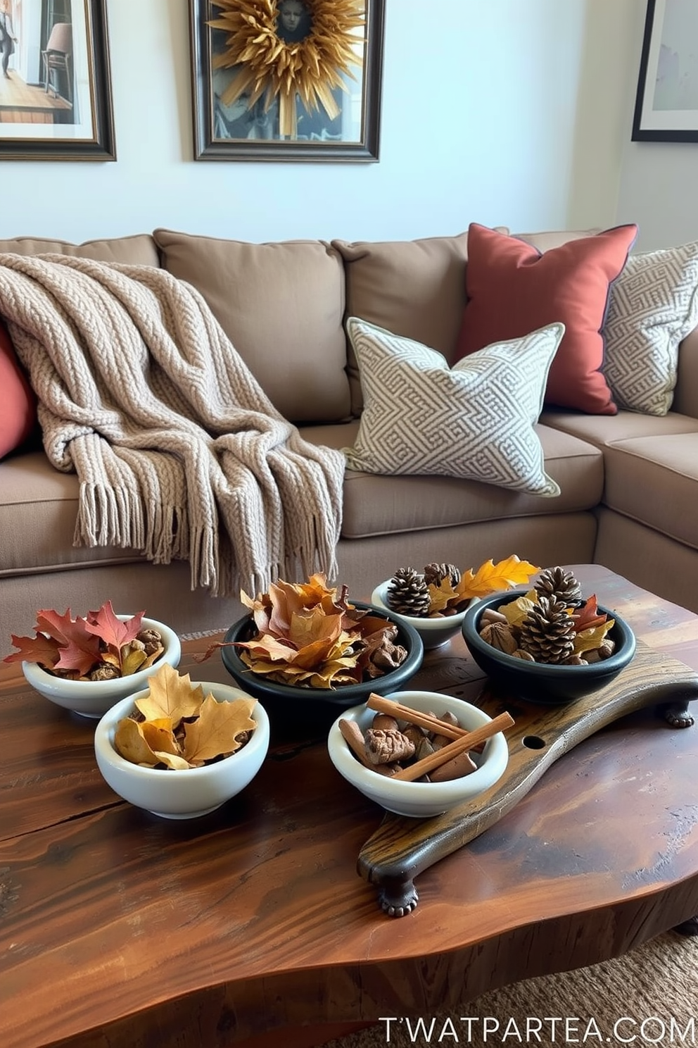 A cozy living room adorned with seasonal potpourri dishes that exude the warm scents of fall. The space features a plush sofa draped with a knitted throw, surrounded by decorative pillows in earthy tones. On a rustic coffee table, a collection of potpourri dishes is artfully arranged, showcasing dried leaves, cinnamon sticks, and pinecones. Soft amber lighting illuminates the room, creating an inviting atmosphere perfect for autumn gatherings.