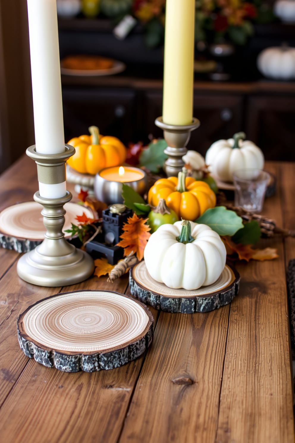 A cozy rustic table setting featuring wood slice coasters. The table is adorned with autumn leaves, small pumpkins, and warm-toned candles for a festive fall atmosphere.