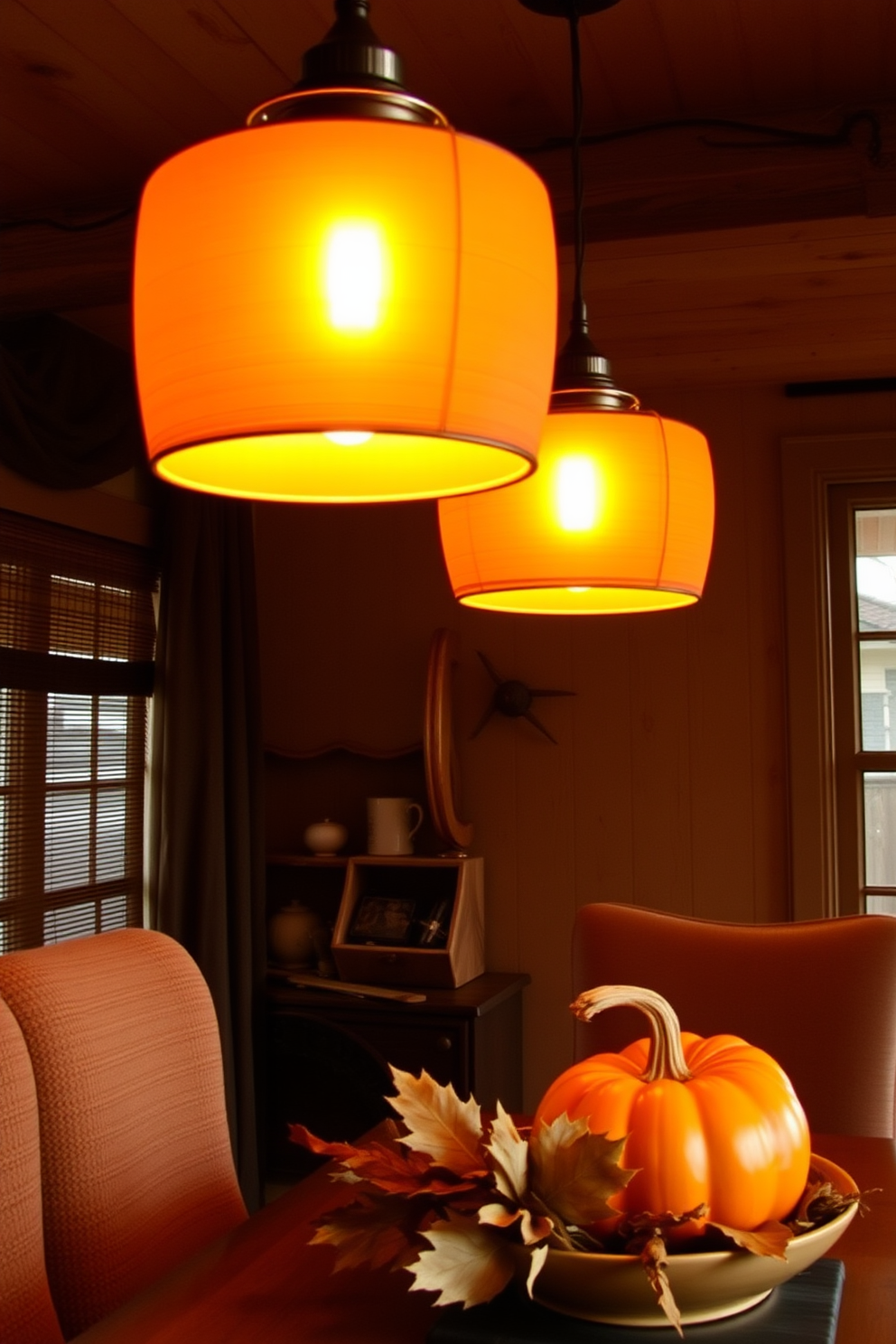 A cozy dining room setting adorned for fall. The dining table is elegantly set with a seasonal table runner featuring warm autumn colors and leaf patterns, complemented by rustic wooden placemats and ceramic dishware.