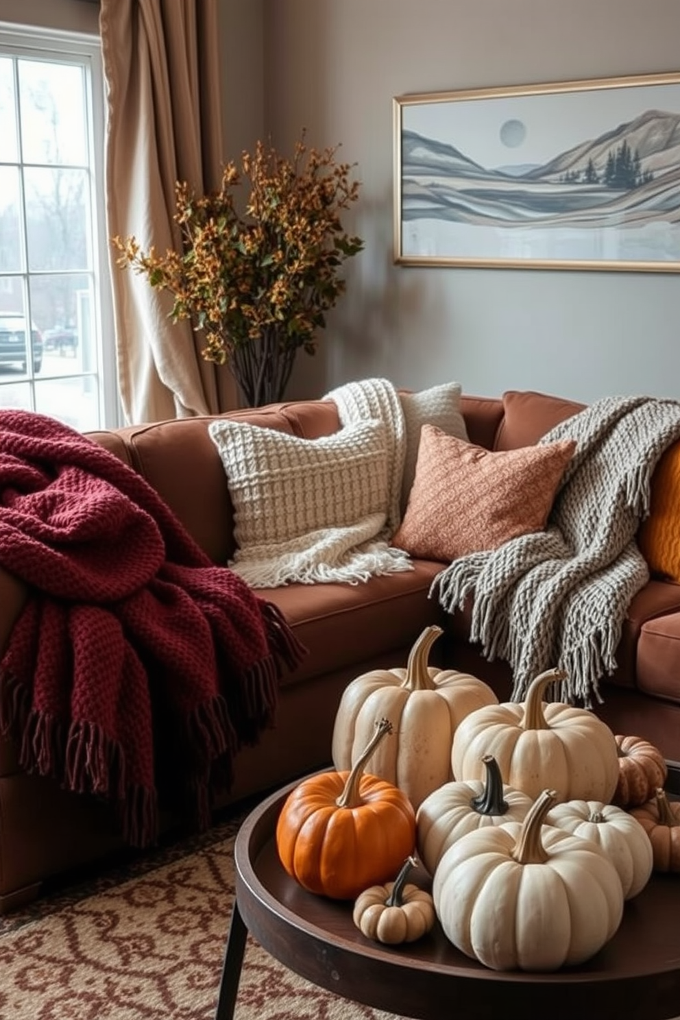 A cozy living room adorned with dark wood accents that exude warmth and elegance. The space features a plush sectional sofa in rich earth tones, complemented by oversized autumn-themed throw pillows. A rustic coffee table made from reclaimed wood sits at the center, adorned with a centerpiece of seasonal gourds and candles. Surrounding the room are framed autumn landscape paintings, enhancing the fall atmosphere.