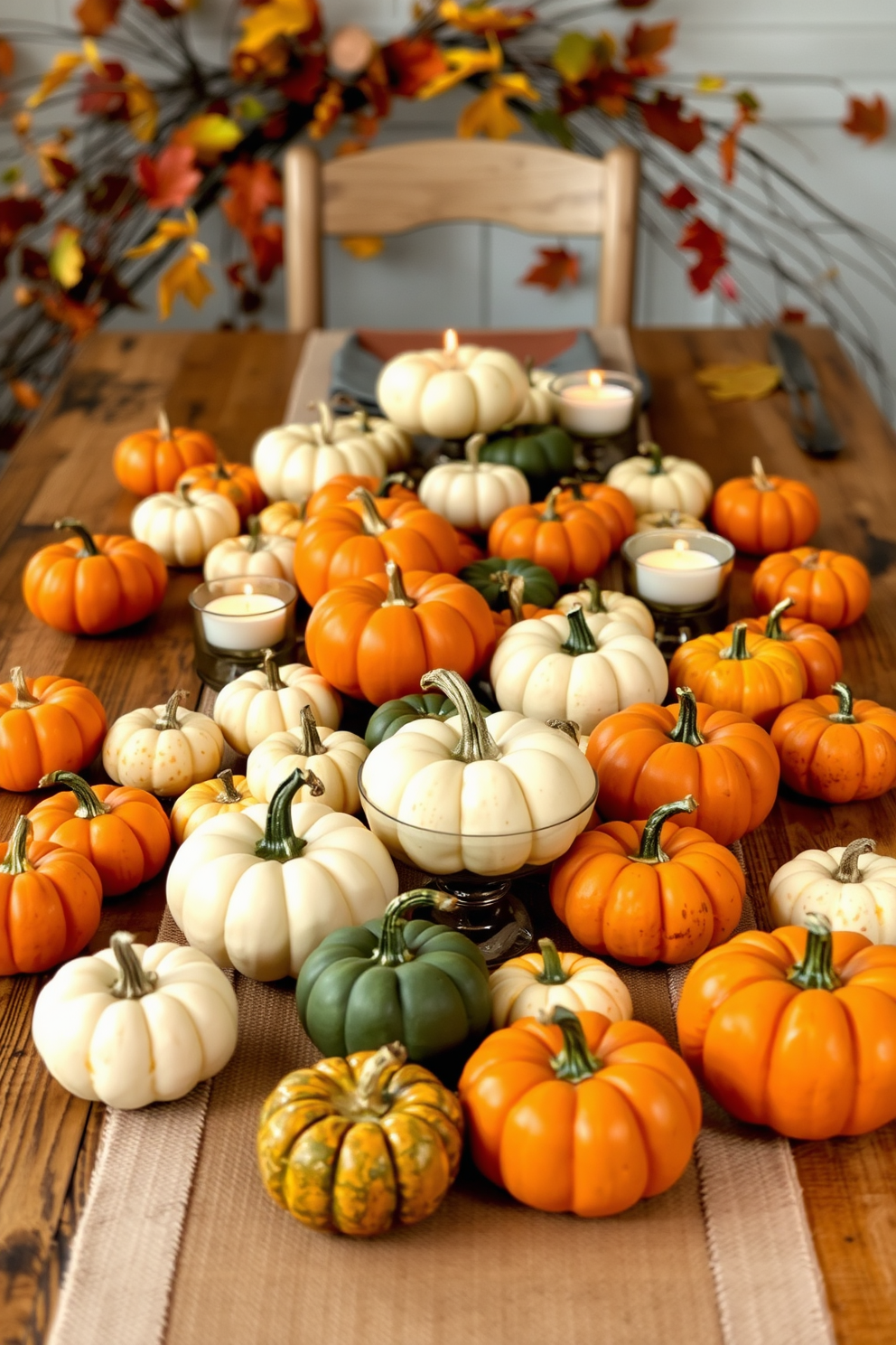 A cozy living room adorned with warm autumn hues. Plush throw blankets in burnt orange and mustard yellow drape over a soft beige sofa, while a rustic wooden coffee table holds an arrangement of seasonal scented candles in varying heights. Pumpkins in shades of white and orange are artfully placed around the room, complementing the decor. A woven basket filled with pinecones and acorns sits beside the fireplace, enhancing the inviting atmosphere of fall.