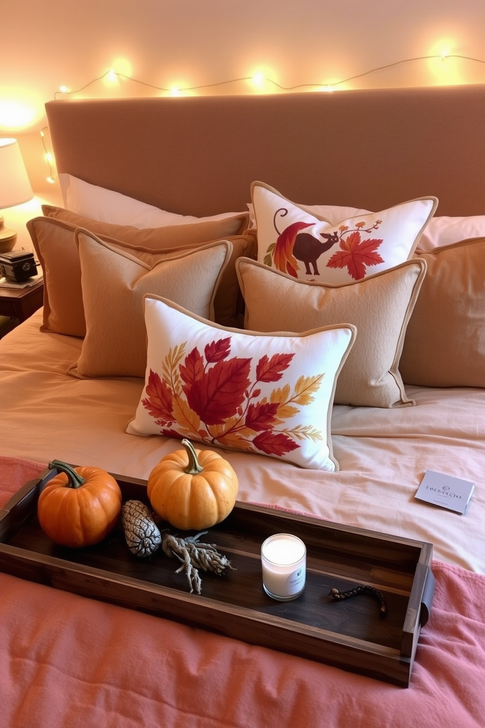 Autumn-themed decorative pillows are arranged on a plush bed with a warm beige duvet. The pillows feature rich hues of orange, red, and gold, adding a cozy touch to the inviting space. Surrounding the bed, soft ambient lighting casts a gentle glow, enhancing the seasonal atmosphere. A rustic wooden tray on the bedside table holds a small pumpkin and a scented candle, completing the fall decorating ideas.