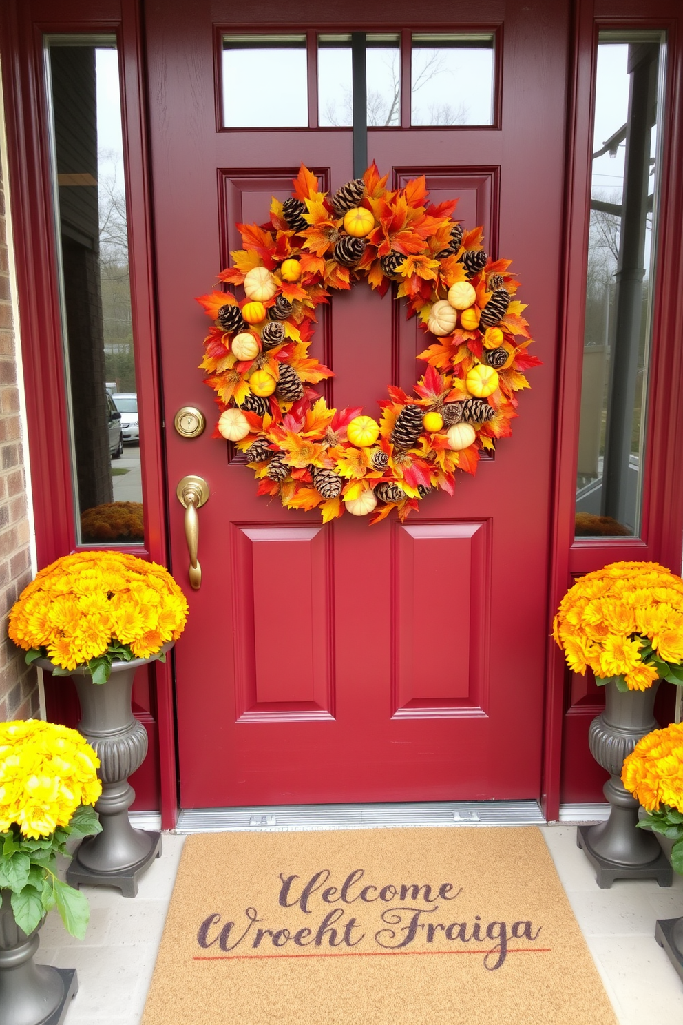 A charming front door adorned with a vibrant autumn wreath made of colorful leaves, pinecones, and small pumpkins. The door is painted a rich burgundy, creating a warm contrast against the crisp autumn air. On either side of the door, potted chrysanthemums in shades of orange and yellow add a festive touch. A cozy doormat with a seasonal greeting welcomes guests to the home.