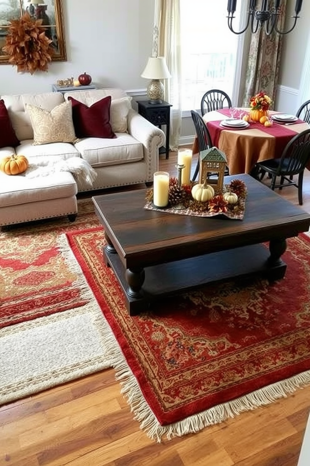 A cozy living room featuring layered rugs of various textures and colors to create a warm and inviting atmosphere. The space includes a plush sofa adorned with seasonal throw pillows, complemented by a rustic coffee table decorated with candles and small pumpkins for a touch of fall charm. A charming dining area showcasing a beautifully set table with a rich tablecloth and seasonal centerpieces. The layered rugs beneath the table add depth and warmth, while autumn-themed decorations enhance the inviting ambiance.