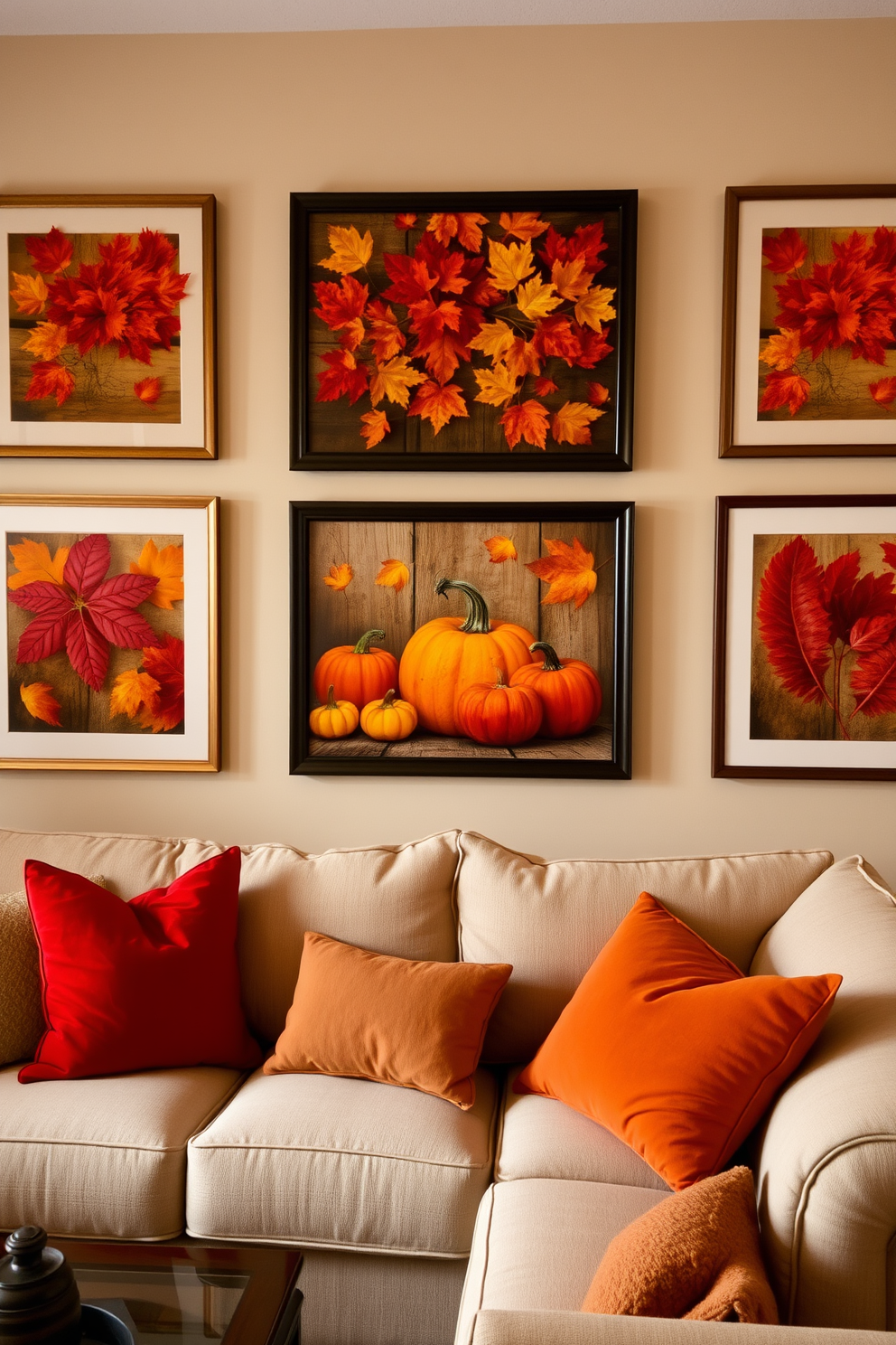 A cozy living room adorned with fall-themed wall art. The prints showcase vibrant autumn leaves and pumpkins, creating a warm and inviting atmosphere. The walls are painted in a soft beige to complement the artwork. Plush throw pillows in rich oranges and deep reds are scattered across the sofa, enhancing the seasonal decor.