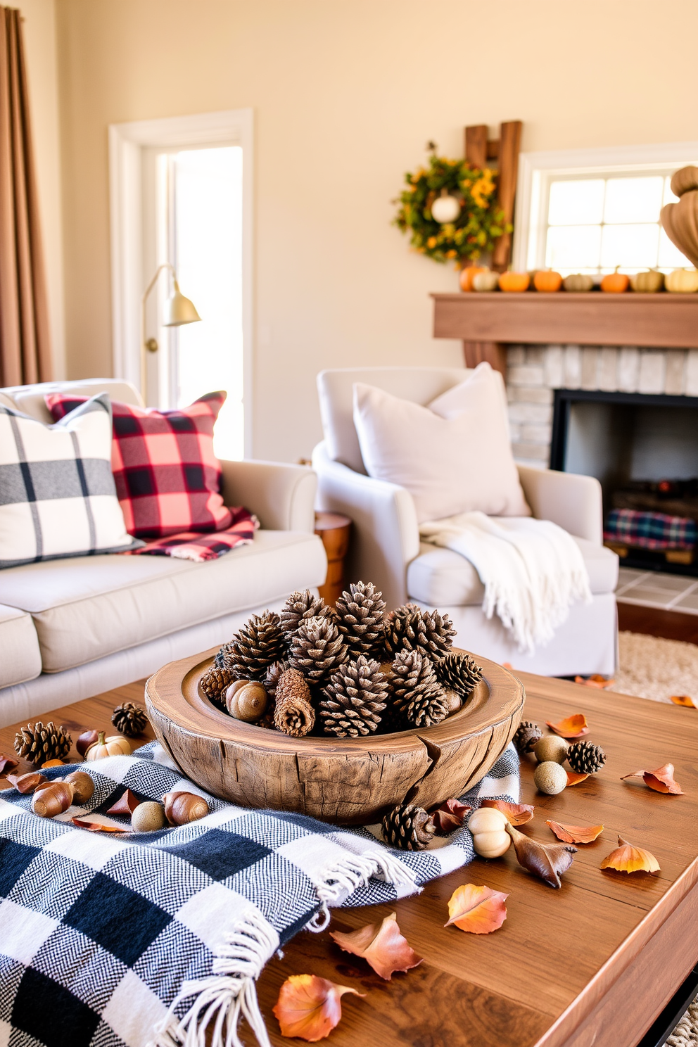 A cozy living room adorned with natural elements for fall. Pinecones and acorns are artfully arranged in a rustic wooden bowl on the coffee table, surrounded by soft plaid throw blankets. The mantle is decorated with small pumpkins and scattered leaves, creating a warm autumn ambiance. A large window lets in soft, golden light, enhancing the earthy tones of the room.