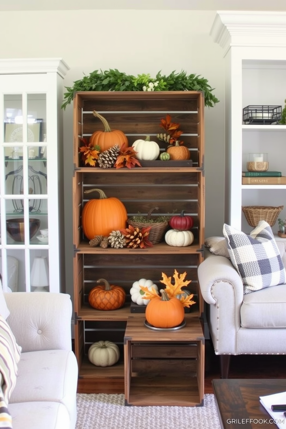 Create a cozy living room setting featuring wooden crates used as rustic decor elements. Arrange the crates in a stacked formation, displaying seasonal fall decorations like pumpkins, gourds, and autumn leaves.