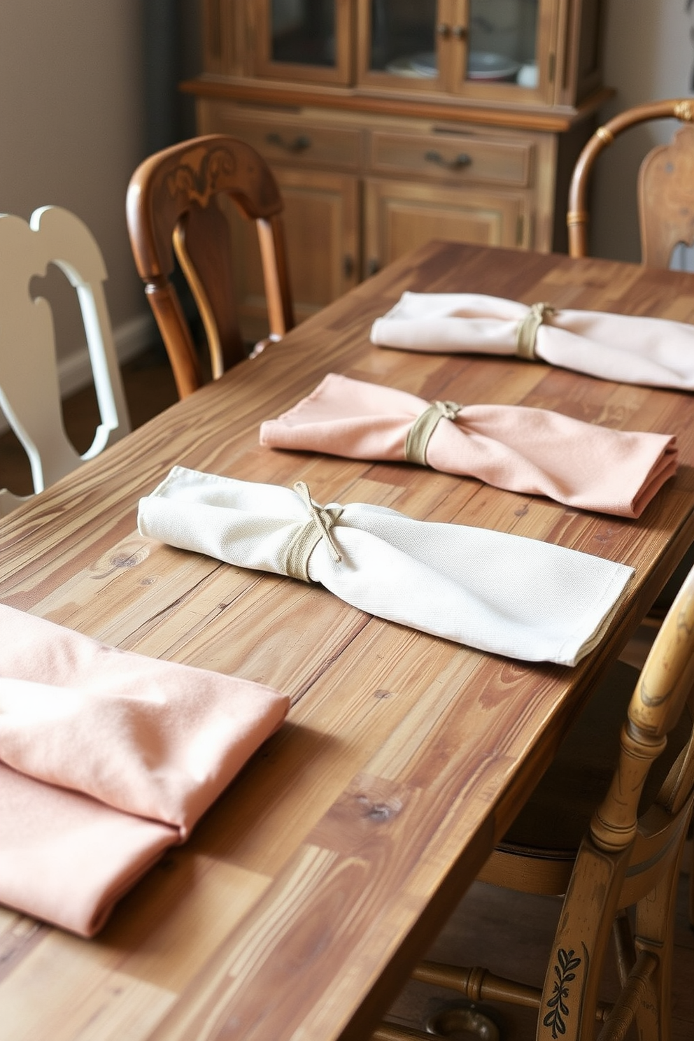 A cozy dining room featuring a large wooden table surrounded by comfortable upholstered chairs. Woven baskets are artfully arranged under the table and on shelves, providing stylish storage solutions while enhancing the room's rustic charm. The table is adorned with a seasonal centerpiece of autumn leaves and candles, creating a warm and inviting atmosphere. Soft, ambient lighting illuminates the space, highlighting the rich colors of fall and inviting guests to gather around.