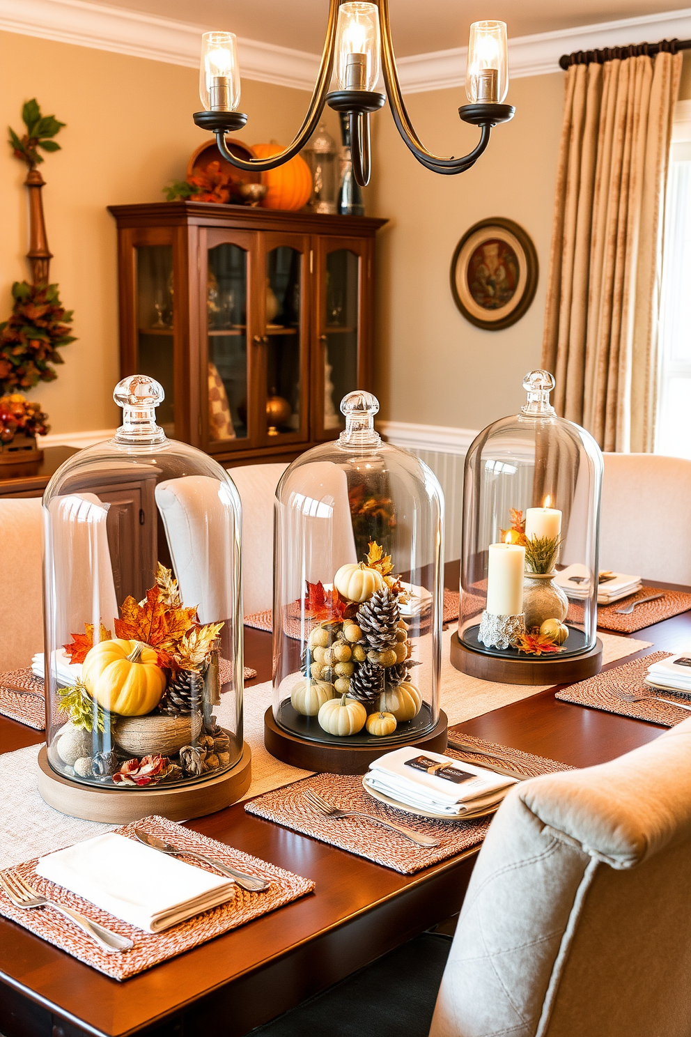 A warm and inviting dining room adorned with glass cloches showcasing an array of fall decor. Each cloche contains seasonal elements like mini pumpkins, colorful leaves, and pinecones, creating a charming focal point on the dining table. The table is set with rustic wooden placemats and elegant dinnerware, complemented by soft candlelight. Surrounding the table are plush upholstered chairs in rich autumn hues, enhancing the cozy atmosphere.