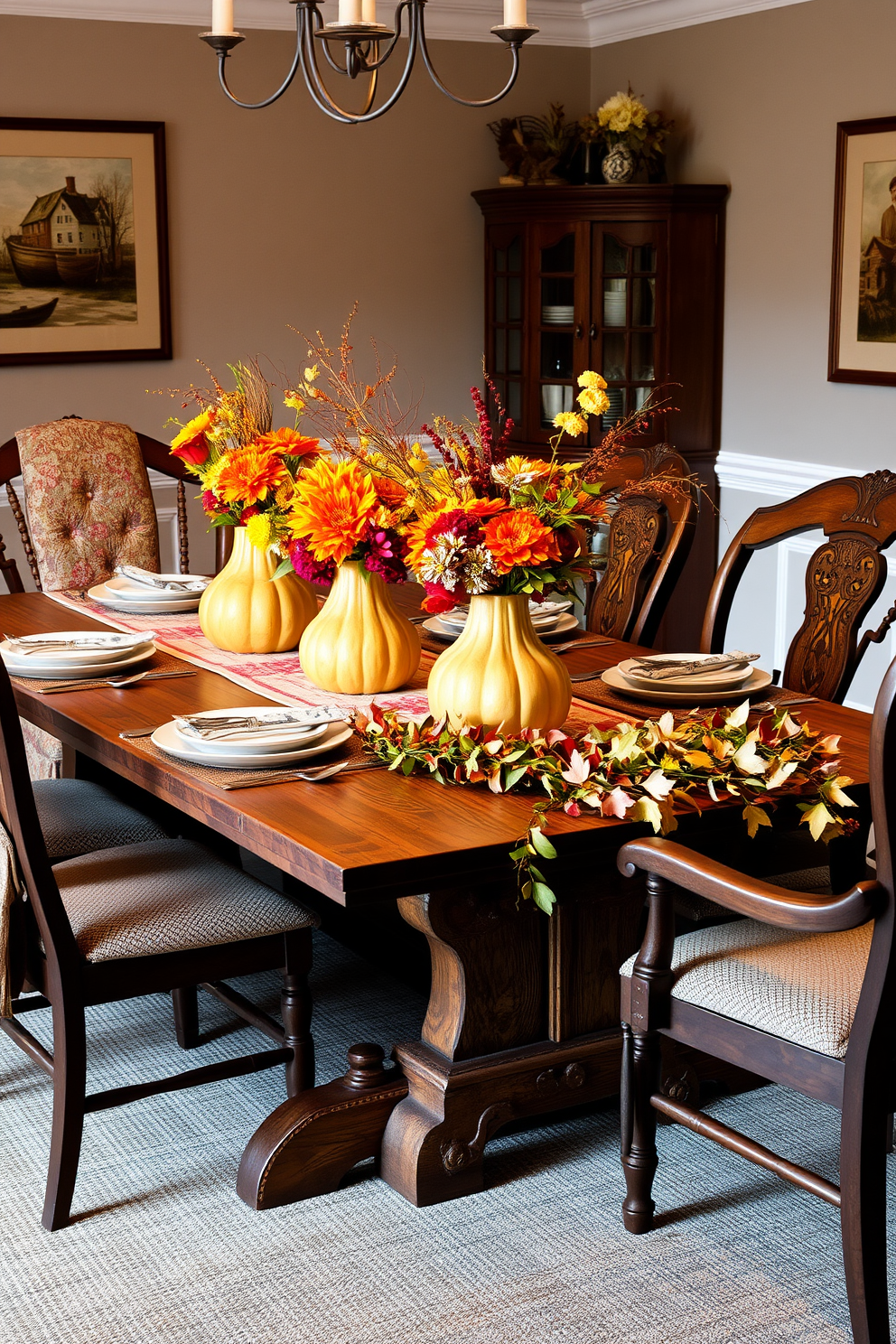 A warm and inviting dining room featuring a rustic wooden table set for a fall feast. Gourd vases filled with seasonal flowers in vibrant autumn hues serve as the centerpiece, surrounded by cozy, textured table linens and elegant dinnerware. Soft, ambient lighting casts a gentle glow over the space, highlighting the rich colors of the decor. The walls are adorned with autumn-themed artwork, and a garland of leaves drapes gracefully across the table, enhancing the seasonal atmosphere.