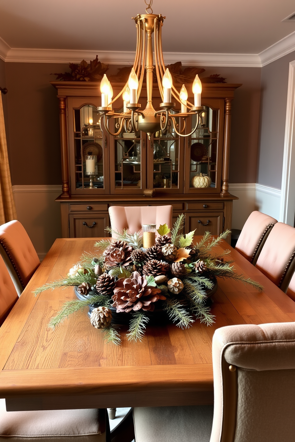 A natural wood dining table with a weathered finish serves as the centerpiece of the rustic dining room. Surrounding the table, mismatched wooden chairs create a cozy and inviting atmosphere. The walls are adorned with warm earth tones, complemented by soft lighting from a wrought iron chandelier above. A centerpiece of seasonal fruits and candles enhances the fall theme, while a woven table runner adds texture and warmth.