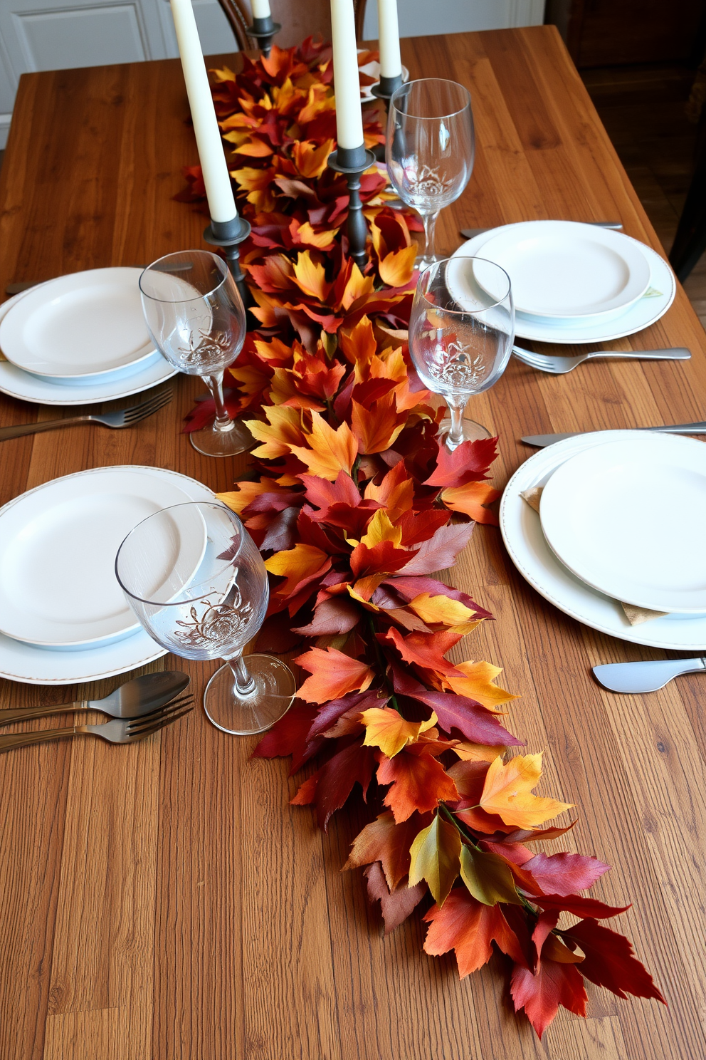 A beautifully set dining table adorned with a garland made of vibrant autumn leaves. The rich colors of the leaves complement the rustic wooden table, creating a warm and inviting atmosphere for fall gatherings.