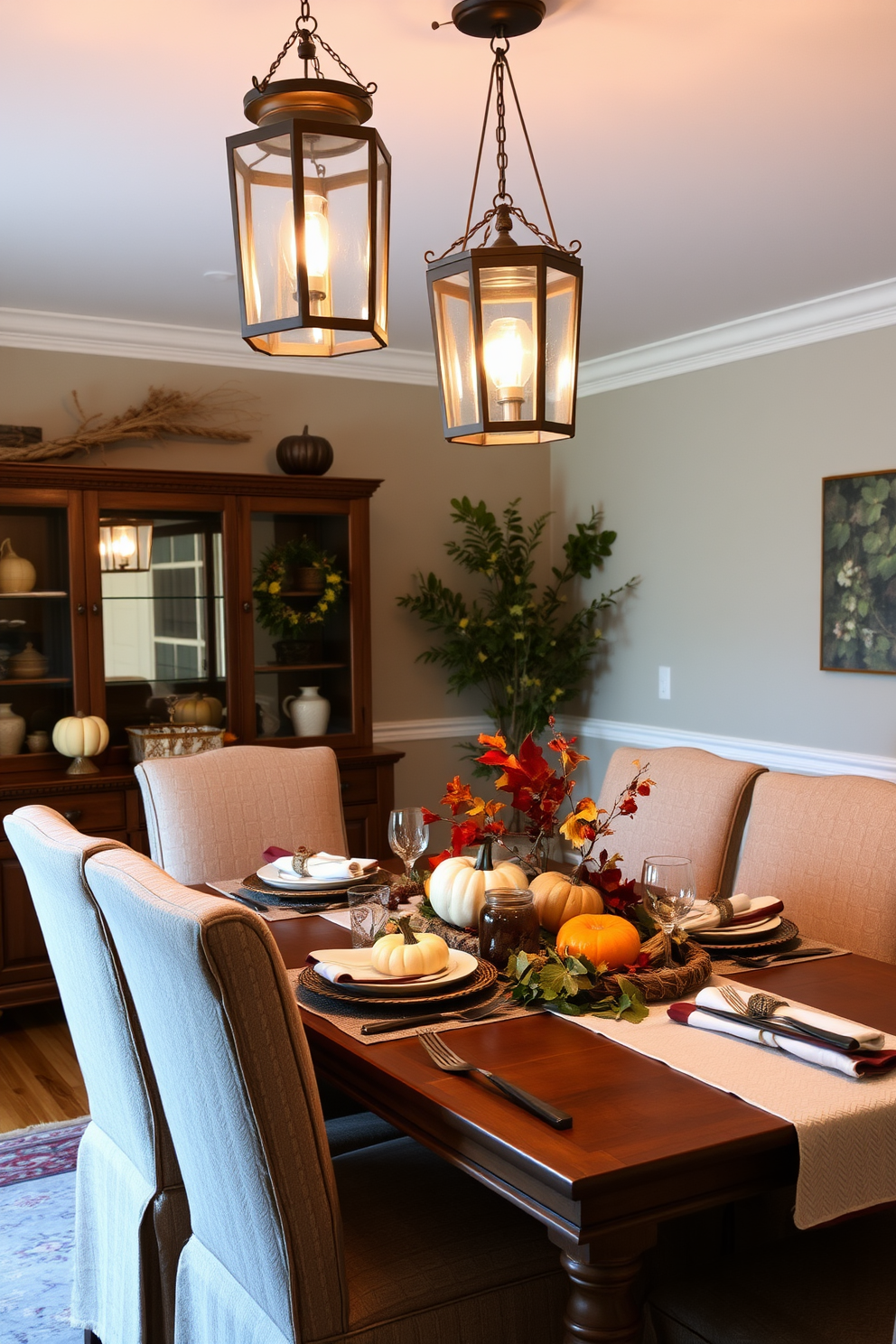 Charming lanterns hang from the ceiling, casting a warm and inviting glow throughout the dining room. The table is elegantly set with seasonal decorations, featuring rich autumn colors and natural elements like pumpkins and leaves. The dining chairs are upholstered in a cozy fabric, complementing the rustic wooden table. Soft textiles and layered table settings create an inviting atmosphere perfect for family gatherings.