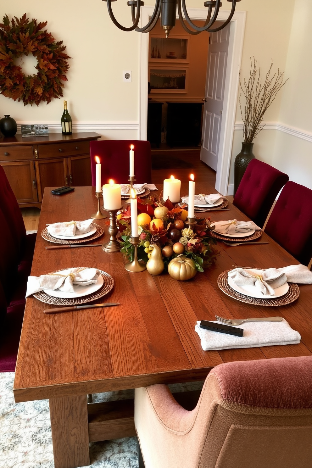 A cozy fall dining room featuring a rustic wooden table set for an intimate gathering. Copper accents adorn the table with warm candle holders and shimmering cutlery, complemented by a centerpiece of seasonal fruits and autumn leaves. The walls are painted in a soft cream color to enhance the inviting atmosphere. Plush upholstered chairs in deep burgundy add a pop of color while ensuring comfort for guests.