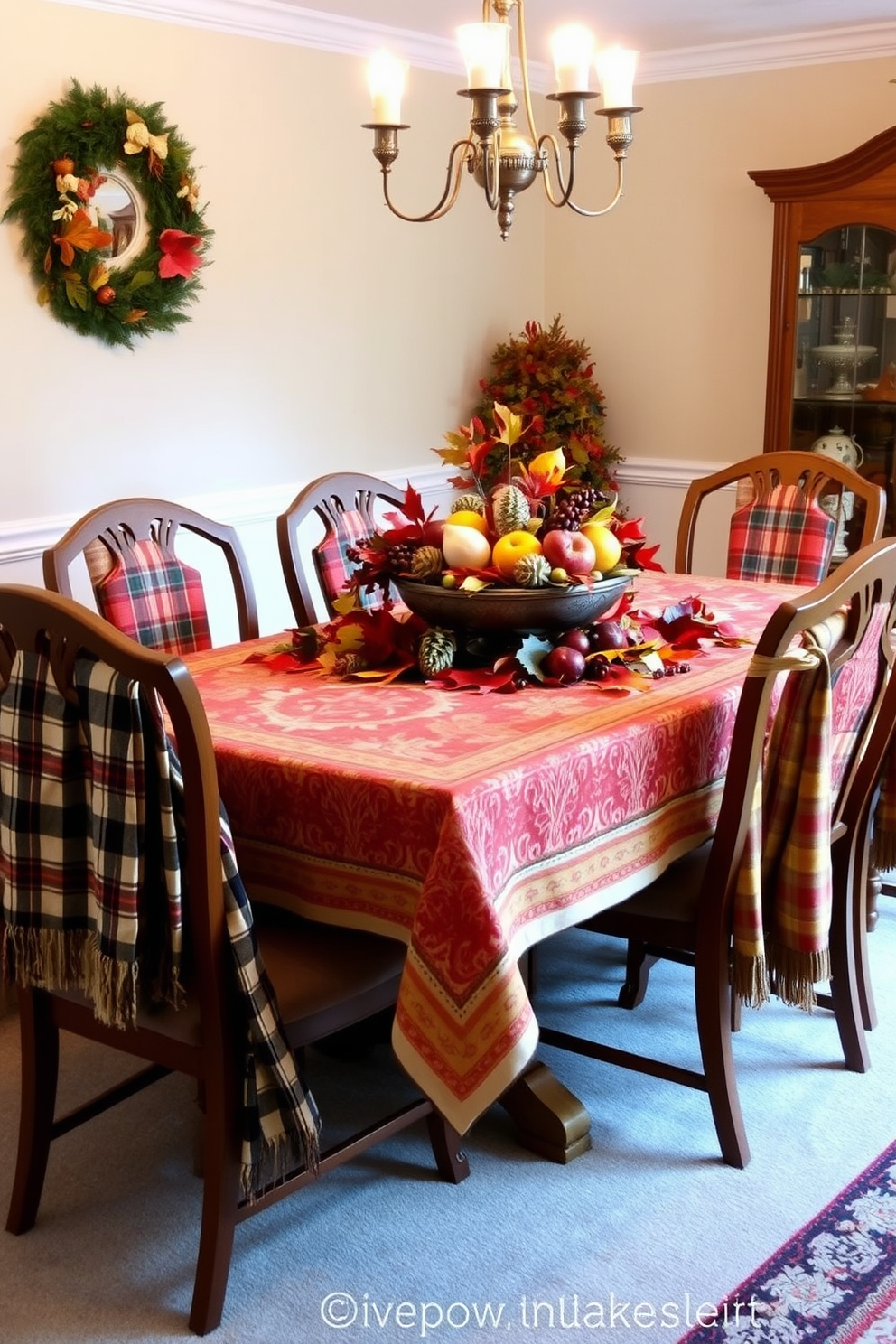 A cozy fall dining room setting with a rustic wooden table adorned with a white tablecloth. On the table, several tabletop lanterns flicker softly, casting a warm glow and creating an inviting atmosphere. Surrounding the table are mismatched chairs in rich autumn colors, complemented by a centerpiece of seasonal fruits and greenery. The walls are painted in a warm beige tone, enhancing the cozy feel, while a soft rug underfoot adds comfort to the space.