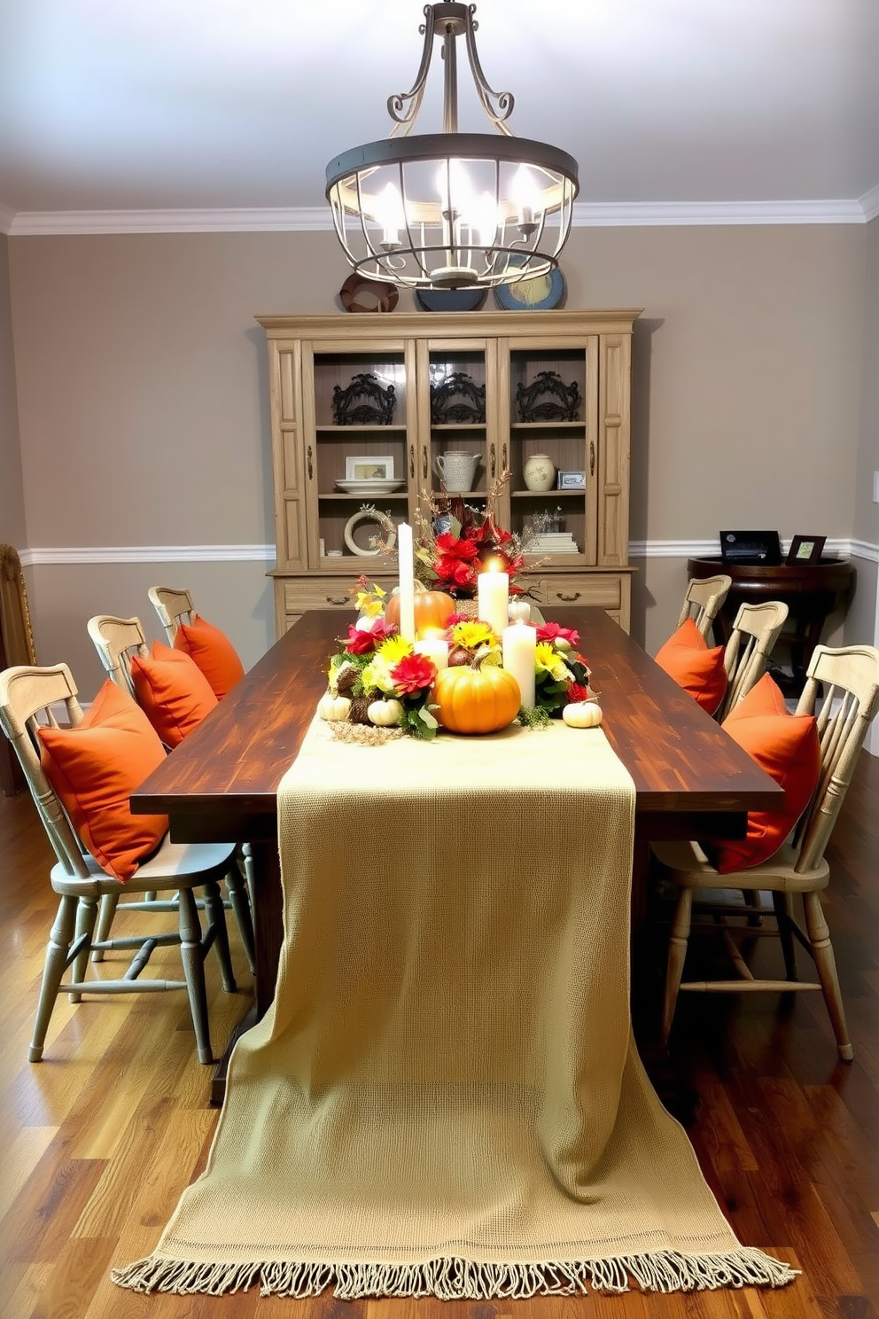 A warm and inviting fall dining room features a burlap table runner draping elegantly over a long wooden table. Surrounding the table are mismatched vintage chairs, each adorned with cozy cushions in autumnal hues of orange and yellow. Soft, ambient lighting comes from a rustic chandelier above, casting a gentle glow over the space. Centered on the table is a stunning arrangement of seasonal flowers, pumpkins, and candles, creating a perfect centerpiece for the fall season.