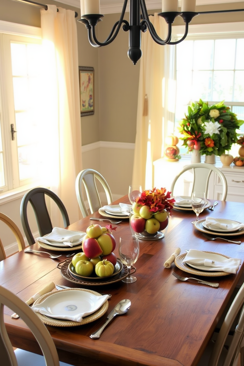 A charming dining room setting featuring a rustic wooden table adorned with creative DIY centerpieces made from fresh apples. The table is set with elegant dinnerware and surrounded by mismatched chairs, creating a warm and inviting atmosphere for fall gatherings. Soft golden light filters through a window draped with sheer curtains, casting a cozy glow over the room. Seasonal decorations, including mini pumpkins and colorful leaves, complement the apple centerpieces, enhancing the autumnal theme.