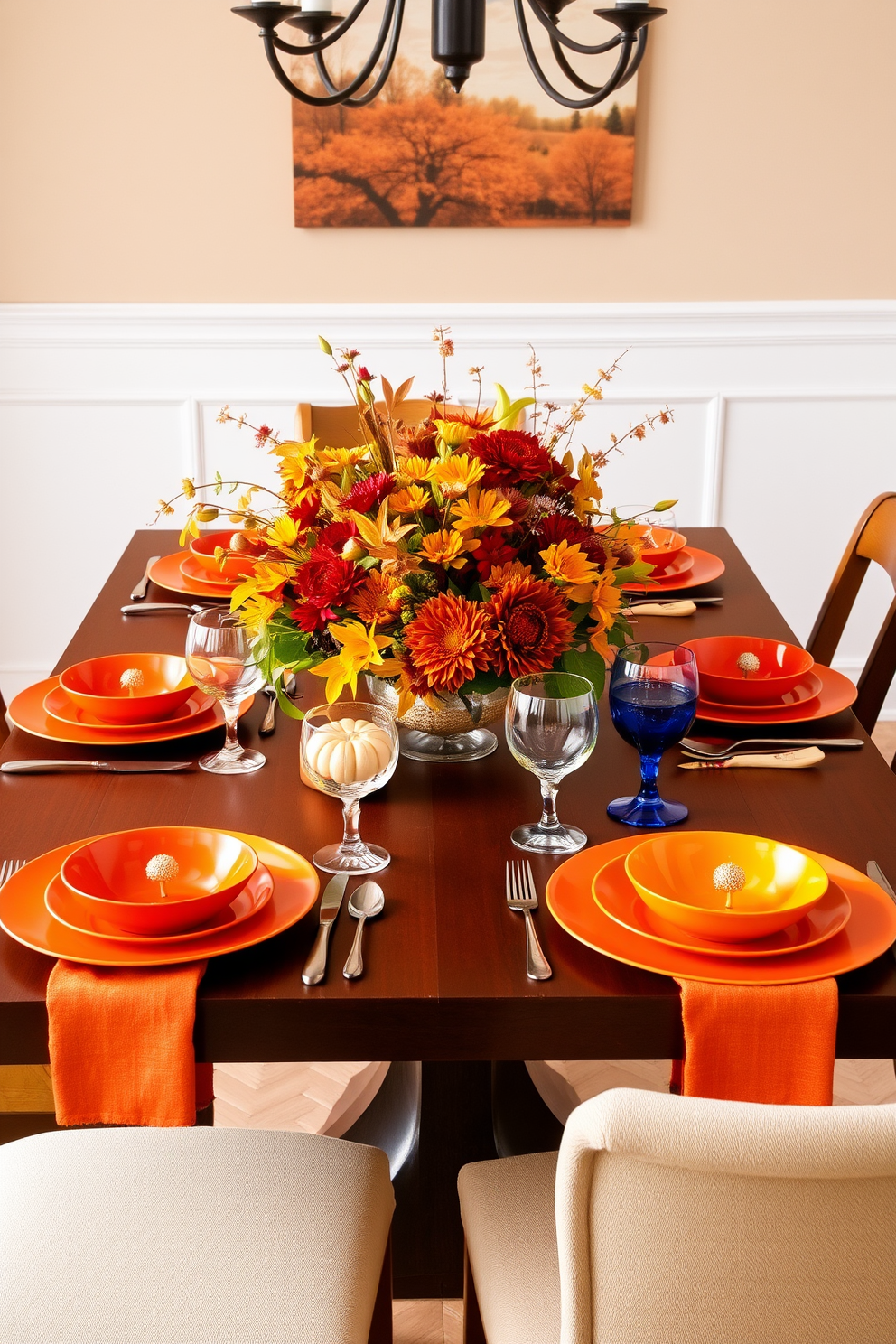 A vibrant dining table is set with colorful tableware showcasing rich autumn hues like deep oranges, reds, and yellows. The table is adorned with a centerpiece of seasonal flowers and decorative gourds, creating a warm and inviting atmosphere.