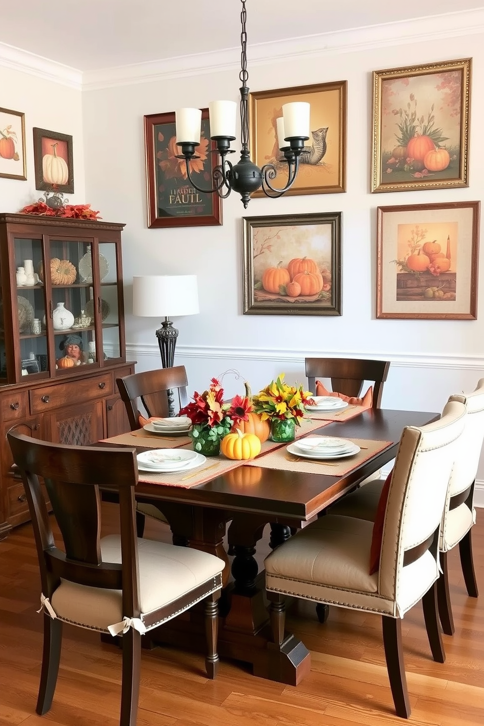 A cozy fall dining room decorated with an eclectic mix of dinnerware. The table is set with vibrant plates in various patterns and colors, complemented by mismatched glassware and unique cutlery. Autumn-inspired centerpieces feature seasonal flowers and candles in rustic holders. Warm tones of orange, red, and gold adorn the tablecloth, creating a welcoming atmosphere for gatherings.