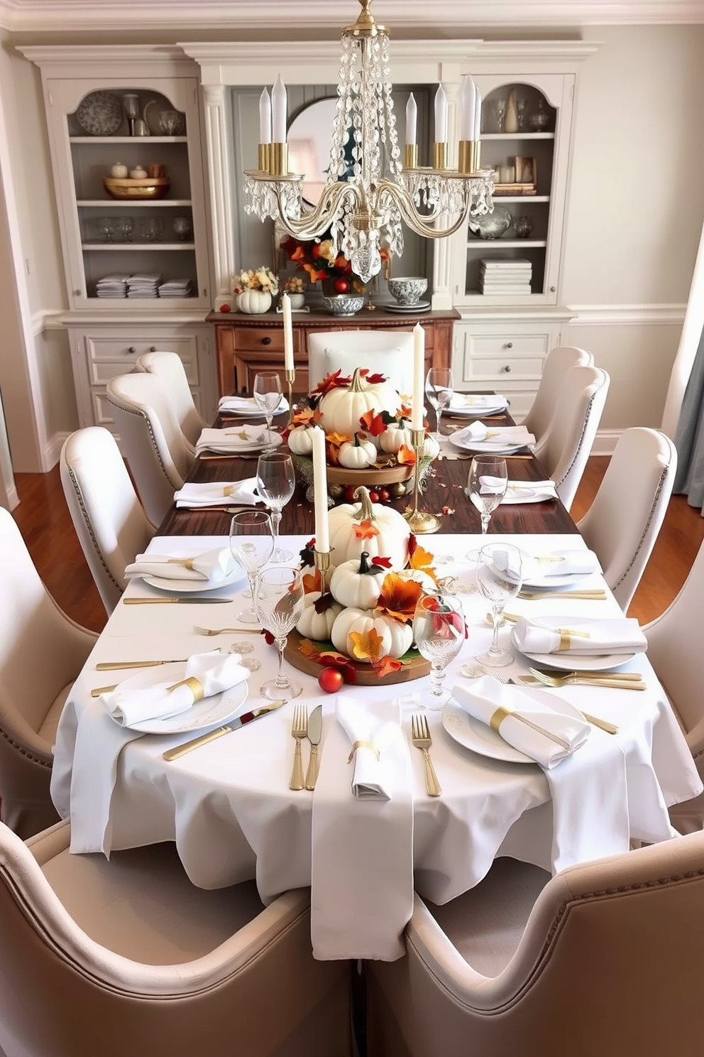 Decorative trays elegantly arranged on a dining table showcase seasonal decor elements. The trays feature an assortment of pumpkins, candles, and autumn leaves, creating a warm and inviting atmosphere. Fall dining room decorating ideas include a rich color palette of deep oranges, browns, and golds. A rustic wooden table is adorned with a centerpiece of gourds and a cozy table runner, complemented by plush, patterned chairs.