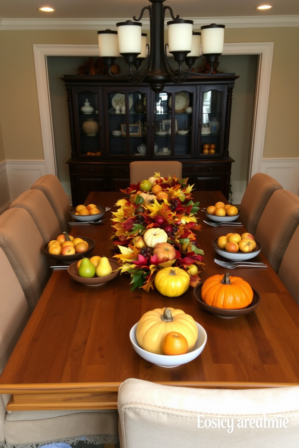 A cozy dining room adorned with a large wooden table set for a fall gathering. The table is decorated with an assortment of seasonal fruit bowls filled with vibrant apples, pears, and pumpkins, creating a warm and inviting atmosphere. Soft, ambient lighting illuminates the space, highlighting the rich colors of autumn. Plush chairs surround the table, and a centerpiece of colorful leaves adds a festive touch to the overall decor.